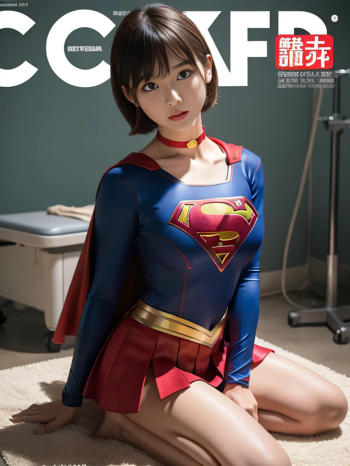 masterpiece、supergirl costume、short hair、barefoot、big and full breasts、torture、operating room、operating table、Crisis situation、straddle、flowing sweat、shiny、look at the camera、provocation、Estrus、choker、Weekly magazine cover、long sleeve、red mini skirt、obscene pose、Seduce、humiliating