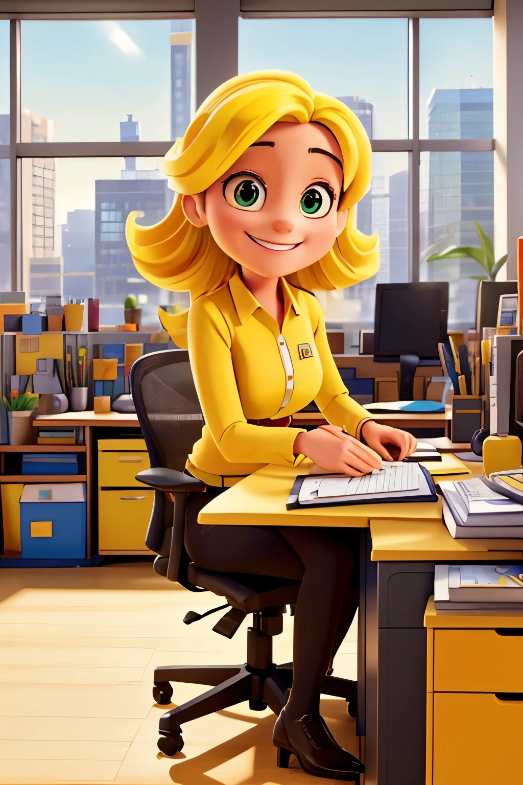 A vibrant office space filled with bright yellow accents, sunlit windows, and smiling employee who loves yellow