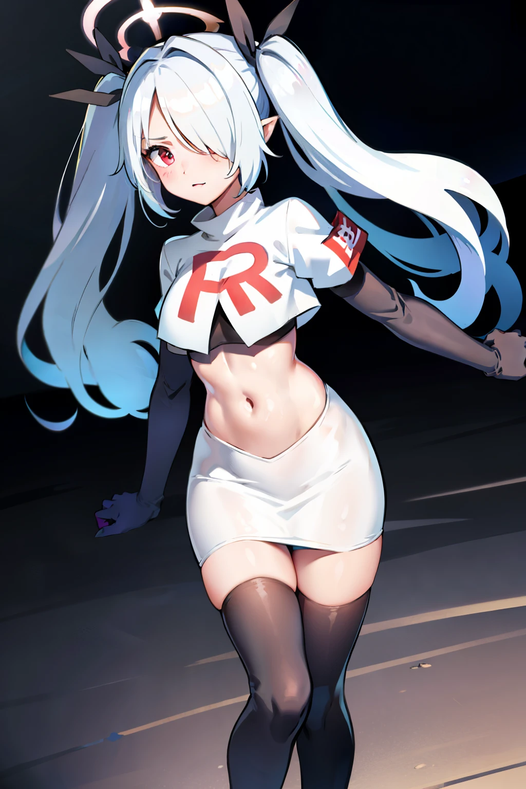 (masterpiece), 1girl, hair over one eye,magical world, shiny steps, beautiful sky, stars, jupiter, ioridef, team rocket,team rocket uniform, red letter R, white skirt,white crop top,black thigh-highs, black elbow gloves