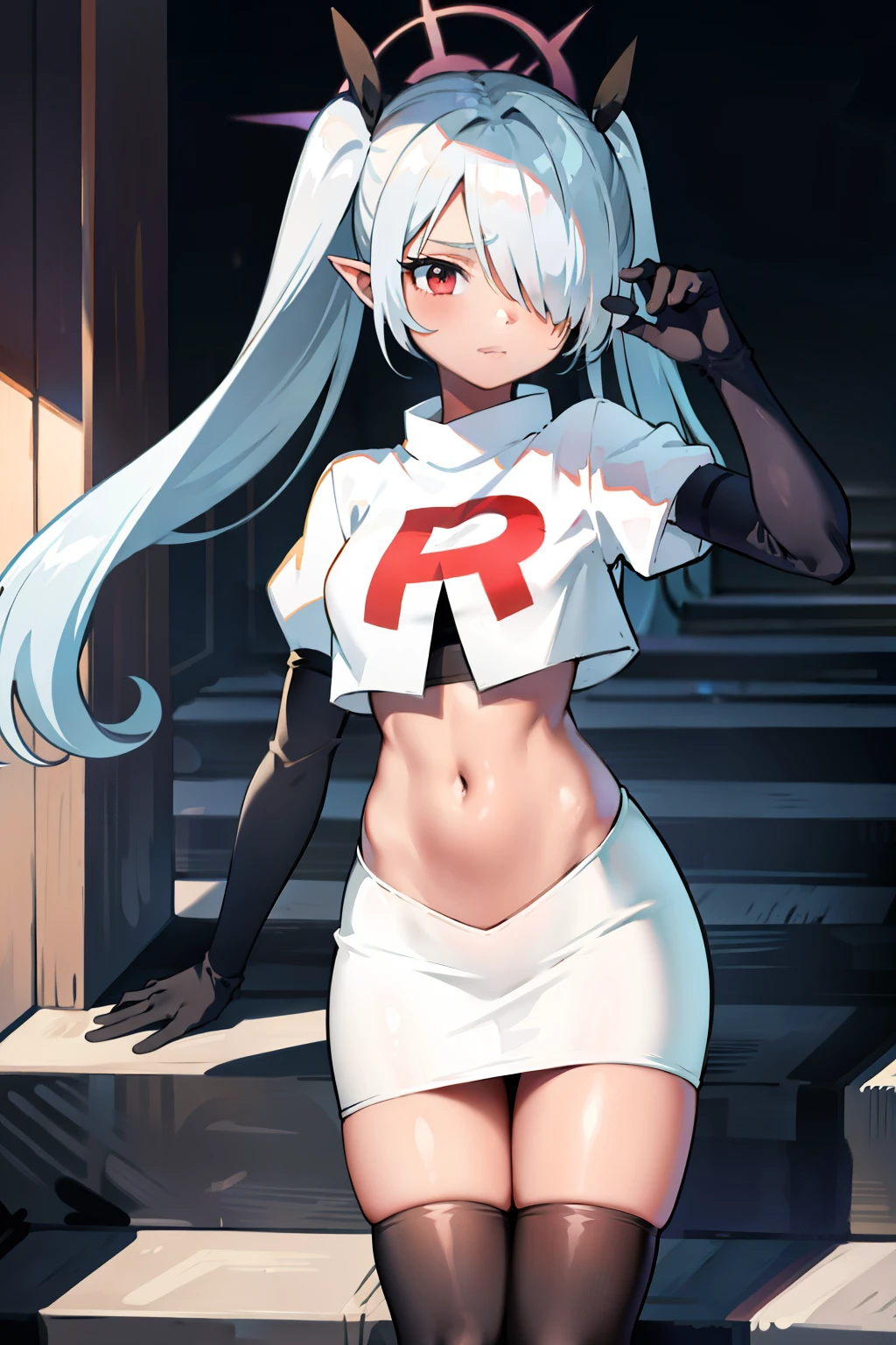 (masterpiece), 1girl, hair over one eye,magical world, shiny steps, beautiful sky, stars, jupiter, ioridef, team rocket,team rocket uniform, red letter R, white skirt,white crop top,black thigh-highs, black elbow gloves