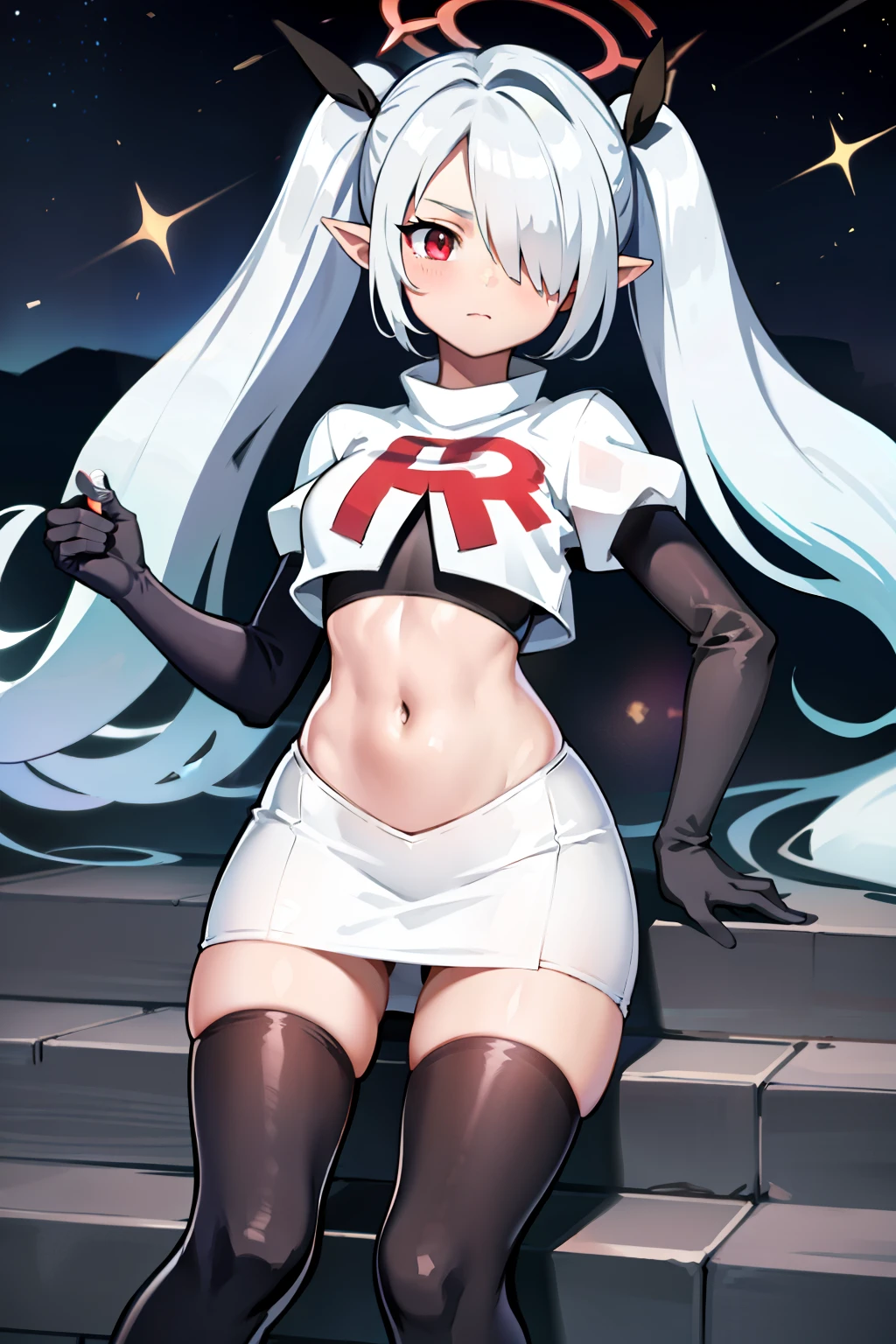 (masterpiece), 1girl, hair over one eye,magical world, shiny steps, beautiful sky, stars, jupiter, ioridef, team rocket,team rocket uniform, red letter R, white skirt,white crop top,black thigh-highs, black elbow gloves