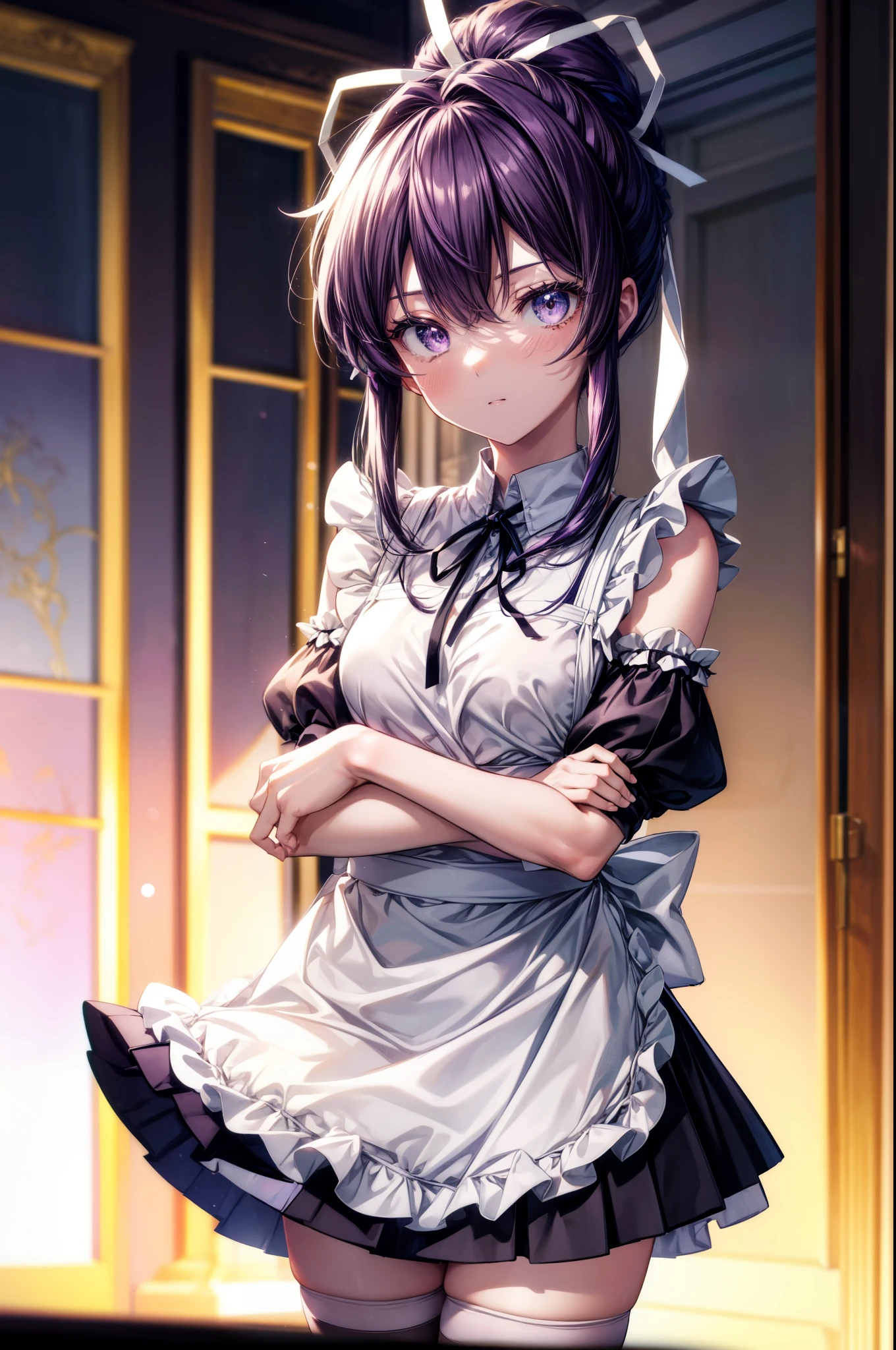 kaorikanzaki, kaori kanzaki, long hair, ponytail, (purple eyes:1.1), purple hair, ribbon, hair ribbon, bare chest,break apron, black ribbon, black skirt, black sleeves, removed collar, removed sleeve,embarrassing,mouth open,angry,frillsエプロン, frilled skirt, frills, head wreath, long sleeve, maid, miniskirt, neck ribbon, purple ribbon, ribbon, ribbon trim, ribbon-trimmed sleeves, roswaal mansion maid uniform, short hair, skirt, Thighhighs, waist apron, white apron, white Thighhighs,arms crossed,
break looking at viewer, Upper body, whole body,
break indoors,coffee shop,
break (masterpiece:1.2), highest quality, High resolution, unity 8k wallpaper, (figure:0.8), (detailed and beautiful eyes:1.6), highly detailed face, perfect lighting, Very detailed CG, (perfect hands, perfect anatomy),