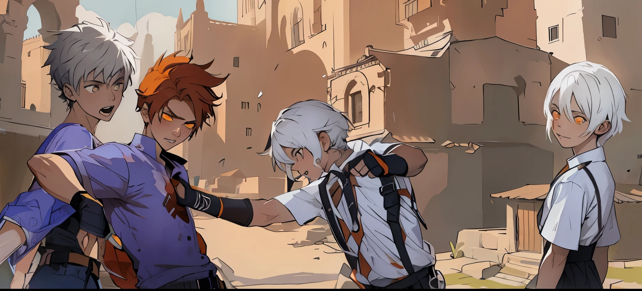 un chico de cabello plateado esta gritando asustado,el chico de cabello naranja  sangra en el pecho, is attacked by a white-haired boy