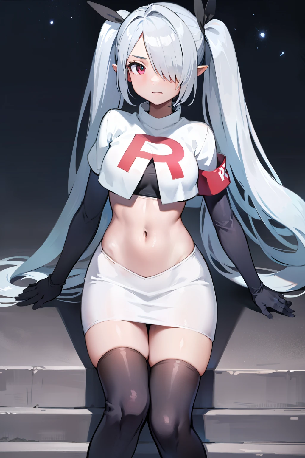 (masterpiece), 1girl, hair over one eye,magical world, shiny steps, beautiful sky, stars, jupiter, ioridef, team rocket,team rocket uniform, red letter R, white skirt,white crop top,black thigh-highs, black elbow gloves