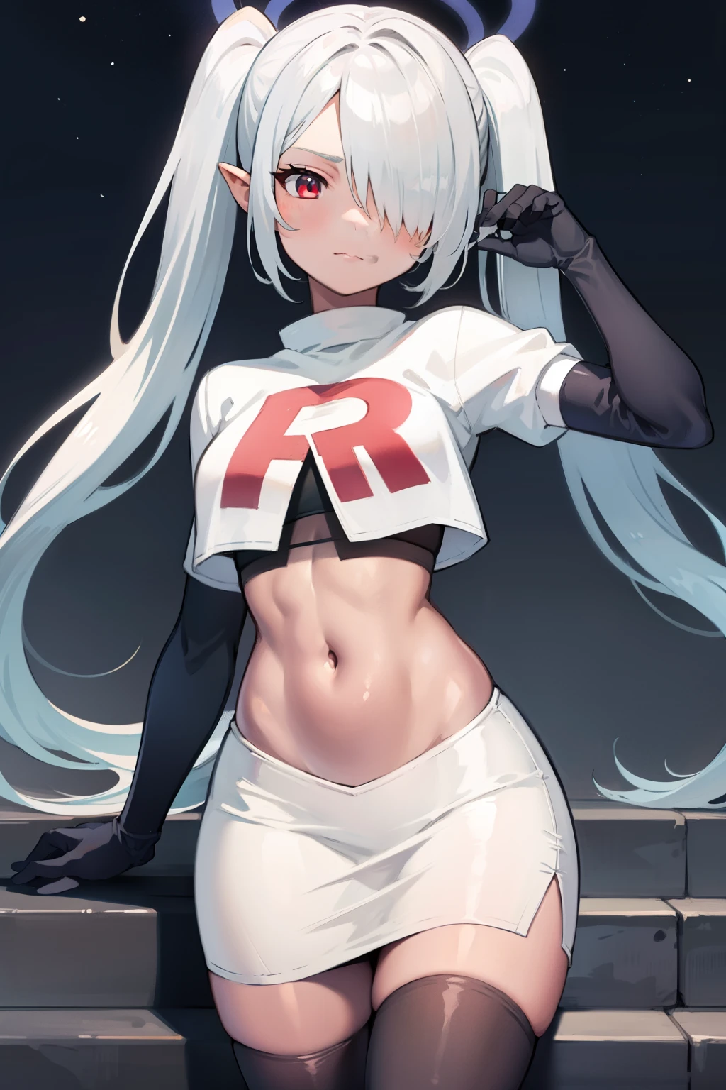 (masterpiece), 1girl, hair over one eye,magical world, shiny steps, beautiful sky, stars, jupiter, ioridef, team rocket,team rocket uniform, red letter R, white skirt,white crop top,black thigh-highs, black elbow gloves