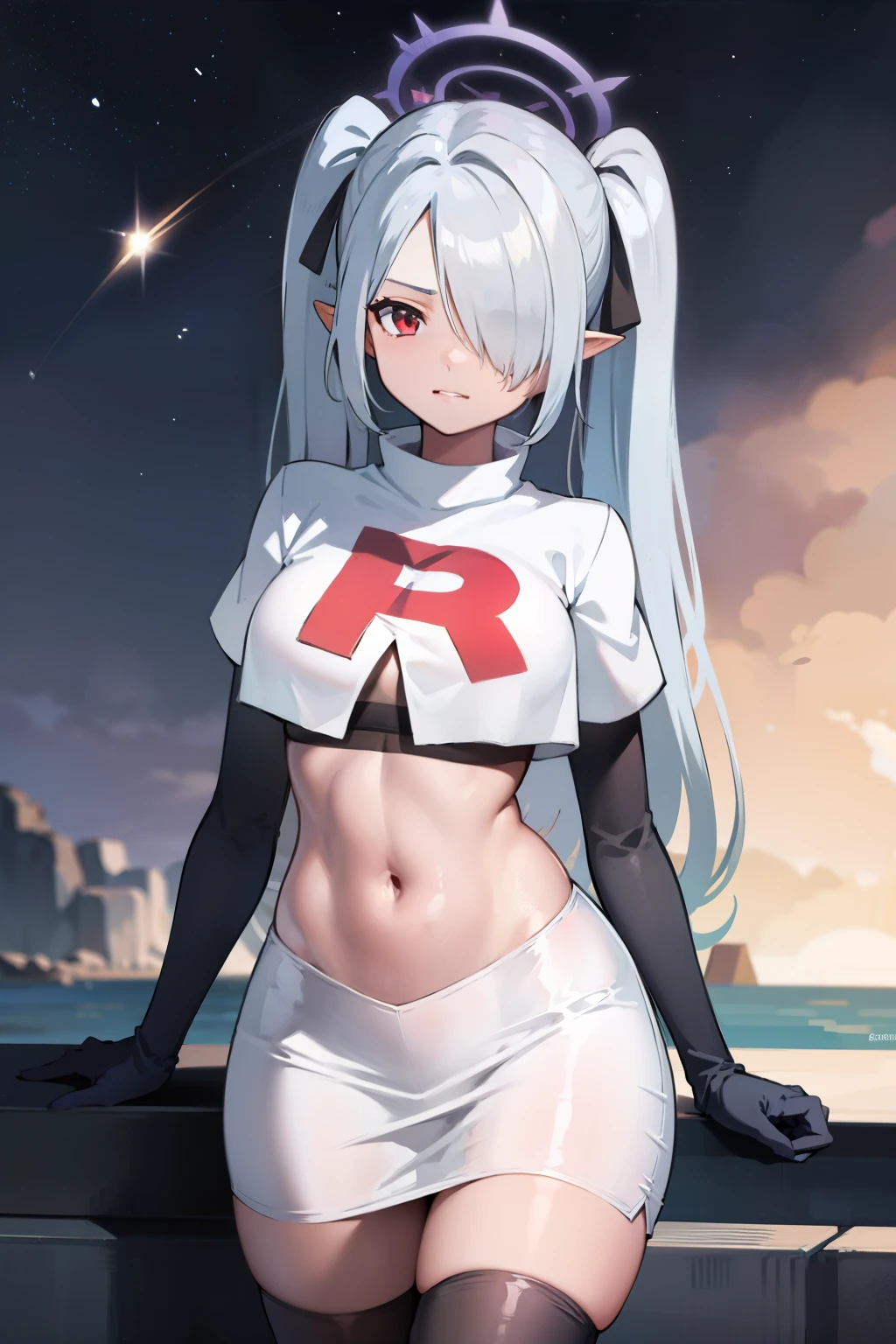 (masterpiece), 1girl, hair over one eye,magical world, shiny steps, beautiful sky, stars, jupiter, ioridef, team rocket,team rocket uniform, red letter R, white skirt,white crop top,black thigh-highs, black elbow gloves
