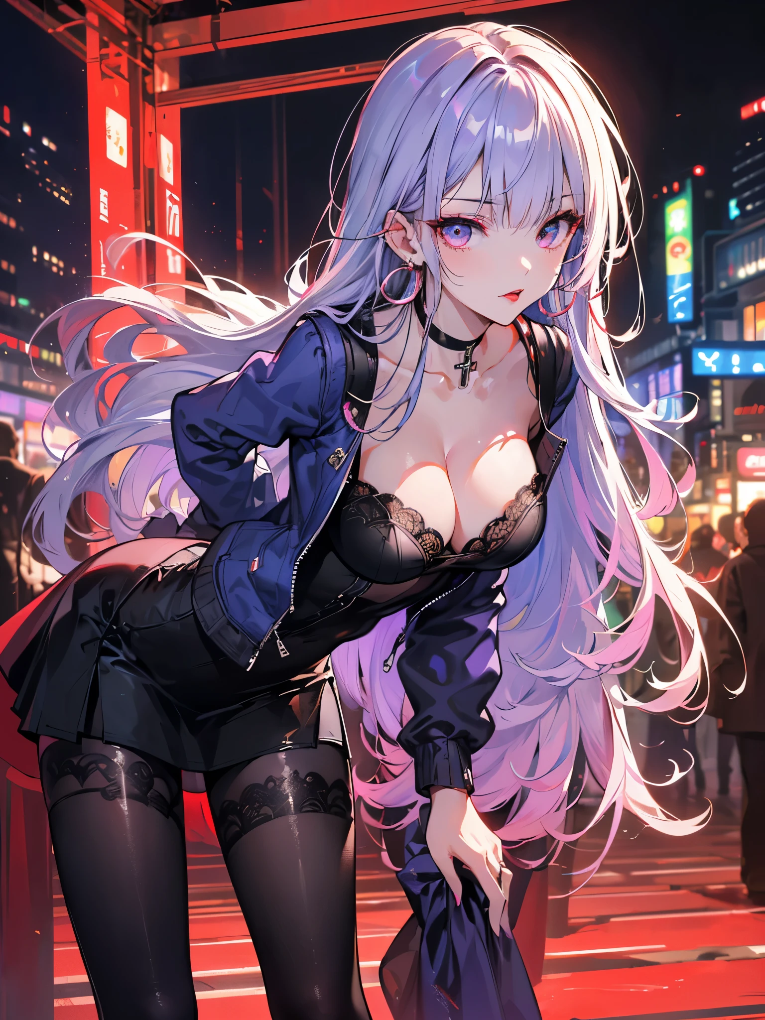 midjourney,(((Super detailed, 8K quality))),,hair above one eye, red eyes, clear eyes, choker, open jacket,anime style, Movie Portrait Photography, 1 female, 22 years ago,椅子にsit、cross your legs、blue eye background, big and full breasts, anger, (scarlet hair), long hair, purple eyes, wearing a short black dress, (natural skin texture vivid details, surreal, (realistic detailed eyes, natural skin texture, realistic facial details), Depth of written boundary, Bokeh, vivid details, surreal, 35mm movie, hazy blur, ,lipstick, ear piercing, eye shadow, hoop earrings, red pink lips, 多色のred eyes, purple theme,Wear an iridescent aura,beautiful eyes,stand in front of the red gate、tongue out,hanging bangs,sit,sunglasses、White and purple are the main colors,((Squad Position)),((leaning forward)),black stockings