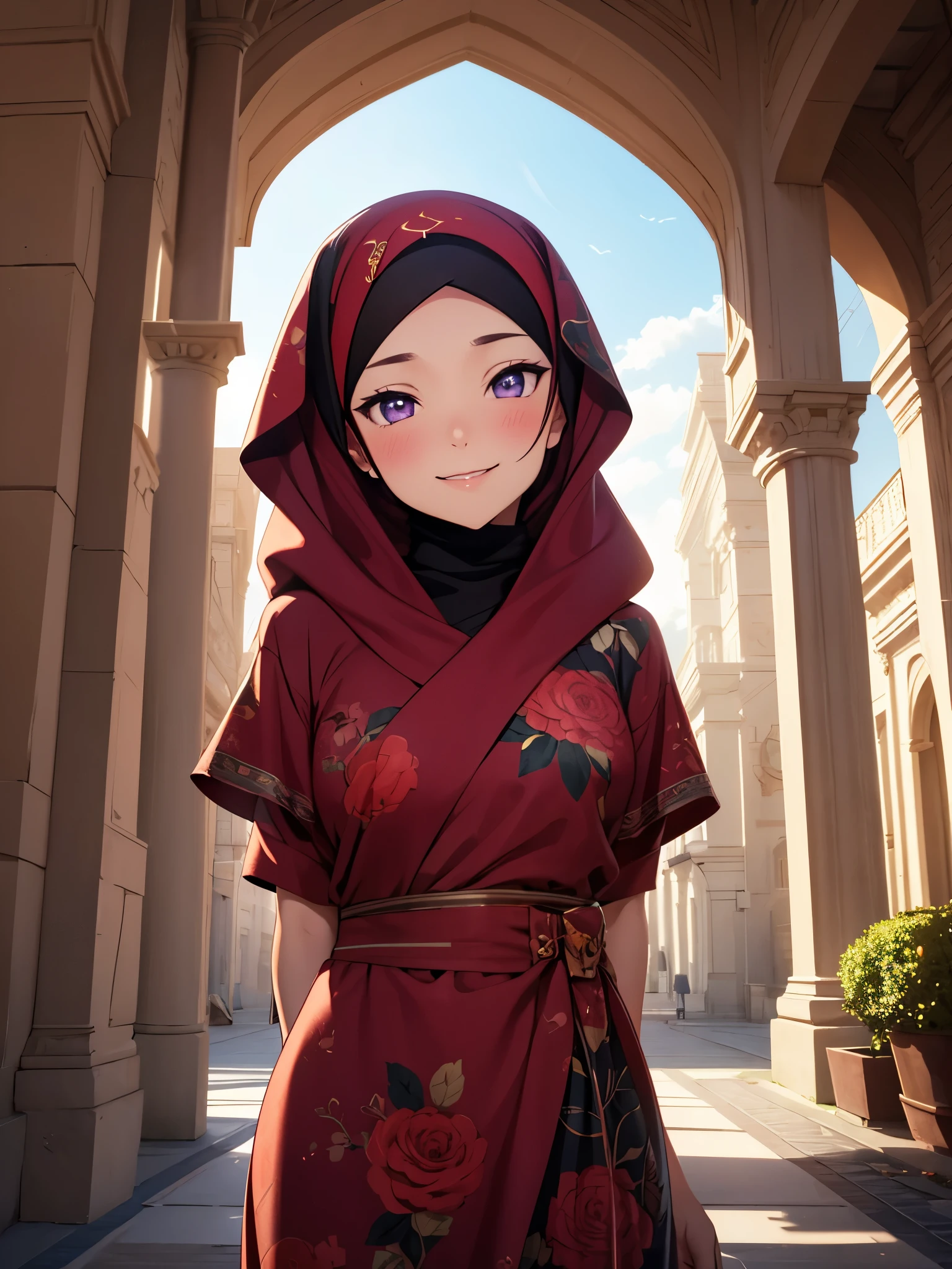 (Masterpiece, Best Quality, High Quality),(chibi),volumetric lighting, illustration, beautiful , Blushing, looking at viewer, flowers printed ,Nishikino maki, purple eyes,red hair, ((wearing islamic hijab:1.2)) , fruits print, looking to the side, confident, smile, (arms behind back, head tilt:1.1),perfect lighting, perfect shadows, flower, (breathtaking scenery:1.1), tree, blushing