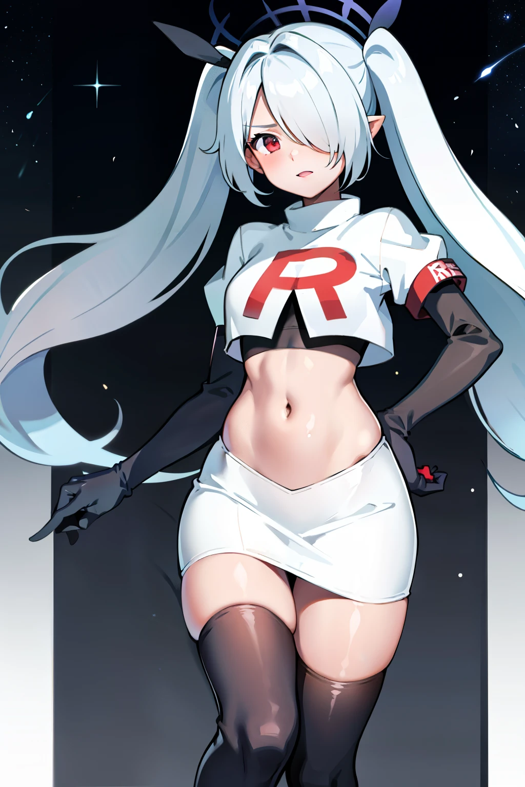 (masterpiece), 1girl, hair over one eye,magical world, shiny steps, beautiful sky, stars, jupiter, ioridef, team rocket,team rocket uniform, red letter R, white skirt,white crop top,black thigh-highs, black elbow gloves