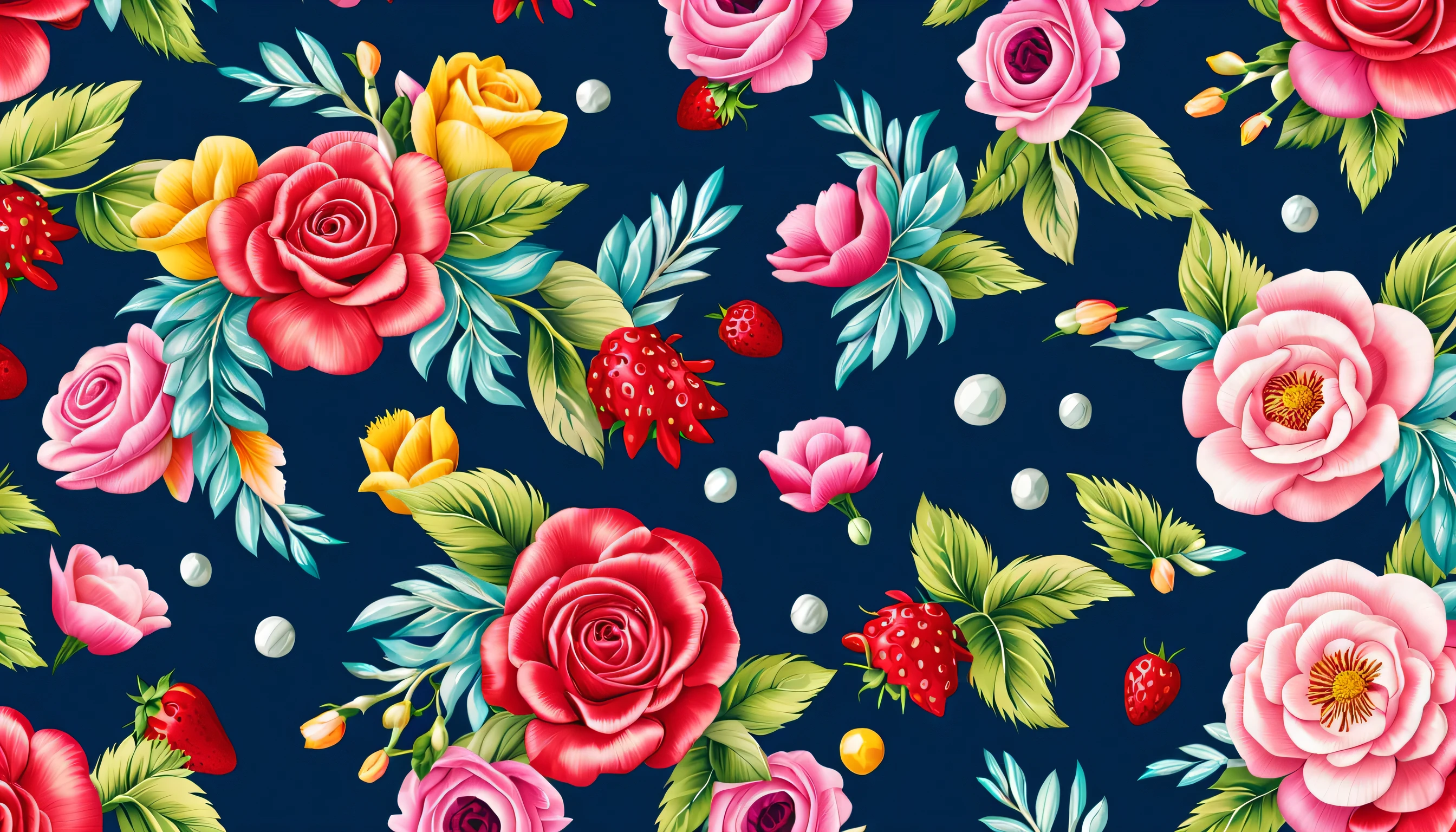 Seas of COLORFUL TROPICAL FLOWER, COCONUT with the PATTERN in the (DARK BLUE BACKGROUND)— ocean breeze, sun-bleached driftwood, and a touch of salty sea air. ((small stars)) colorful tropical bird, flamingo, pearls, jewels, ((butterfly)), ((WHITE PEARL)), (strawberry), pink rose, cherry || (embroidery) seamless pattern, fruit, butterfly, Best quality, masterpiece, ultra high res, (photo realistic:1.4), surrealism, dream-like, ((abstract art)), vector arts, ((ROSE FLOWER)) a close up of a floral pattern on (DARK BLUE BACKGROUND), floral wallpaper, ornate floral, floral pattern, floral explosion, floral! intricate, floral flowers colorful, chinoiserie pattern, flowery wallpaper, floral renewal, with colorful flowers and plants, floral dream, garden flowers pattern, floral patterned skin, floral design, floral motives, boho floral vines IN (DARK BLUE BACKGROUND)