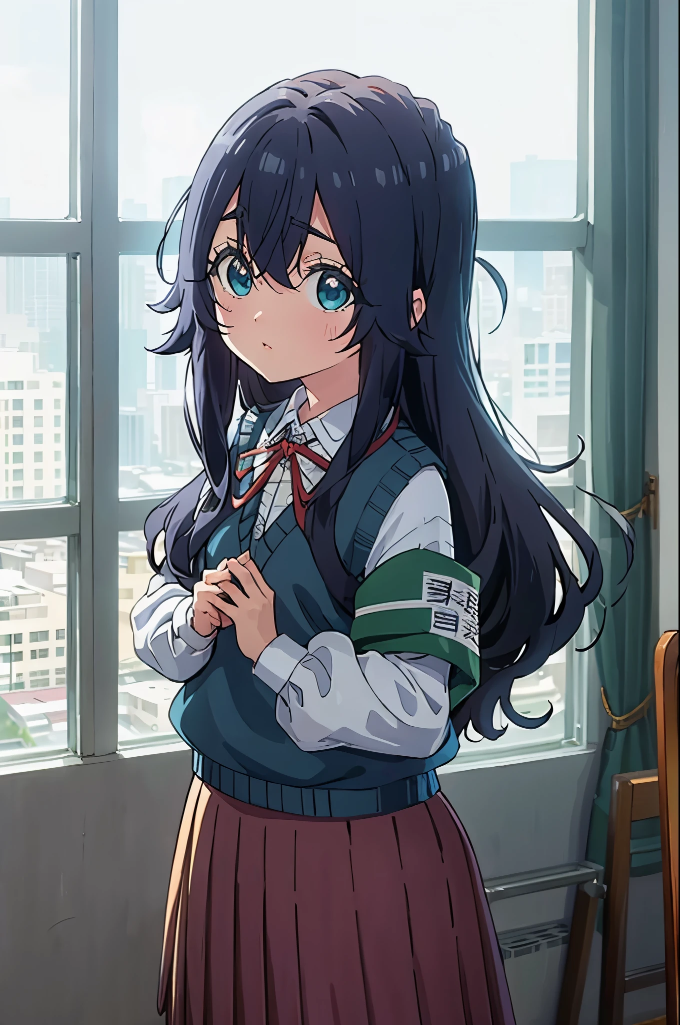 shizukayoshimoto, shizuka yoshimoto, long hair, bangs, blue eyes, black hair, hair between eyes, wavy hair, BREAK skirt, shirt, ribbon, school uniform, white shirt, pleated skirt, red ribbon, neck ribbon, armband, sweater vest, BREAK indoors, classroom, BREAK looking at viewer, (cowboy shot:1.5), BREAK (masterpiece:1.2), best quality, high resolution, unity 8k wallpaper, (illustration:0.8), (beautiful detailed eyes:1.6), extremely detailed face, perfect lighting, extremely detailed CG, (perfect hands, perfect ???????),
