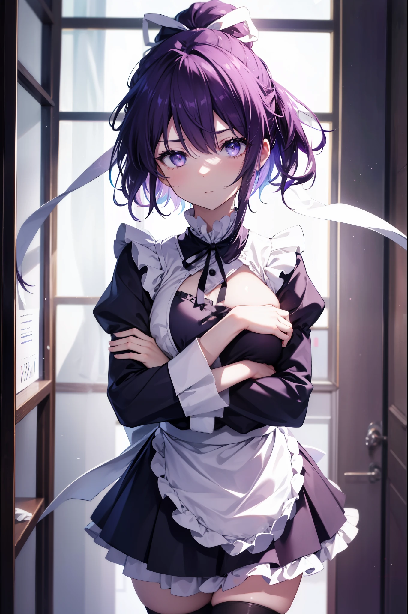 kaorikanzaki, kaori kanzaki, long hair, ponytail, (purple eyes:1.1), purple hair, ribbon, hair ribbon, bare chest,break apron, black ribbon, black skirt, black sleeves, removed collar, removed sleeve,embarrassing,mouth open,angry,frillsエプロン, frilled skirt, frills, head wreath, long sleeve, maid, miniskirt, neck ribbon, purple ribbon, ribbon, ribbon trim, ribbon-trimmed sleeves, roswaal mansion maid uniform, short hair, skirt, Thighhighs, waist apron, white apron, white Thighhighs,arms crossed,
break looking at viewer, Upper body, whole body,
break indoors,coffee shop,
break (masterpiece:1.2), highest quality, High resolution, unity 8k wallpaper, (figure:0.8), (detailed and beautiful eyes:1.6), highly detailed face, perfect lighting, Very detailed CG, (perfect hands, perfect anatomy),