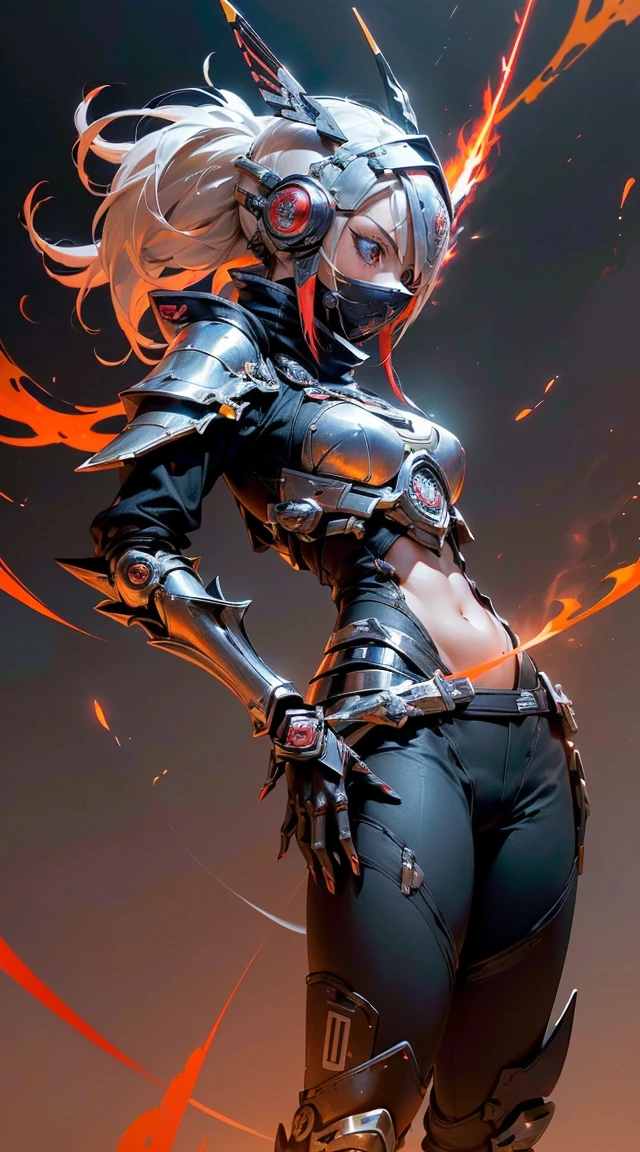 (mesa,extremadamente detallado, Mechas pesadas, superficie dura),(arte conceptual:1.1),(Shielded core style:0.8), A woman in ninja robot armor is tying a seal jutsu.,(Armadura completa:1.4),(tactical ninja mask),(cuerpo rojo:1.1),(piernas largas:1.1),(Llevando una espada en la espalda.:1.3),(Un ojo detallado:1.3),(Una cara detallada:1.3),(Armas detalladas:1.3),(cuerpo detallado:1.3),((cuerpo completoesbiano:1.5)),(The background is a crimson flame.:1.5),natural