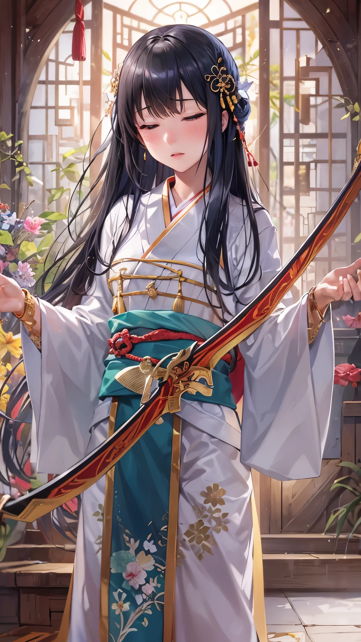 (perfect anatomy, masterpiece:1.2, best quality, 8k, beautiful detailed grow, daydreaming expression), break, (battle fighting stance) (hand holding Japanese bow gripping bow in hands), (solo:1.2 blunt:1.1 bangs black hair long hair beautiful girl, yo, closed eyes), in a shrine maiden costumebreak, break, background Dazaifu Tenmangu.