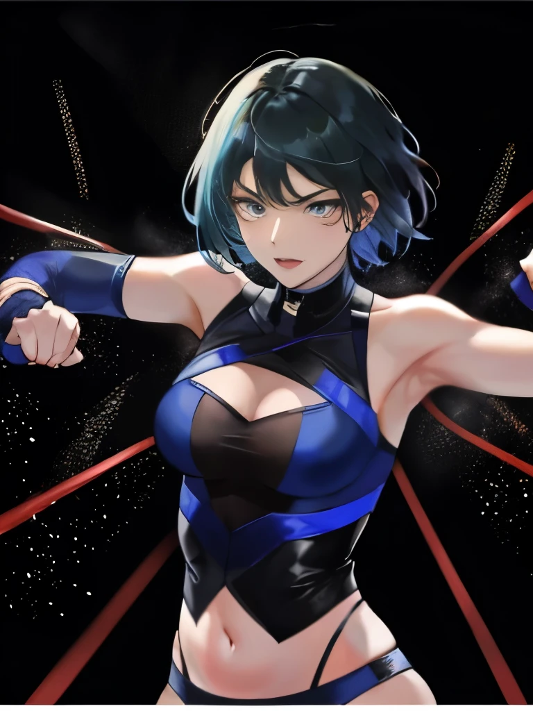 highest quality、female professional wrestler、short cut woman、sharp eyes、Dark blue costume、Navel exposed、fighting pose、on the ring、surrounded by wire mesh、strange atmosphere、Underground Fighting Arena