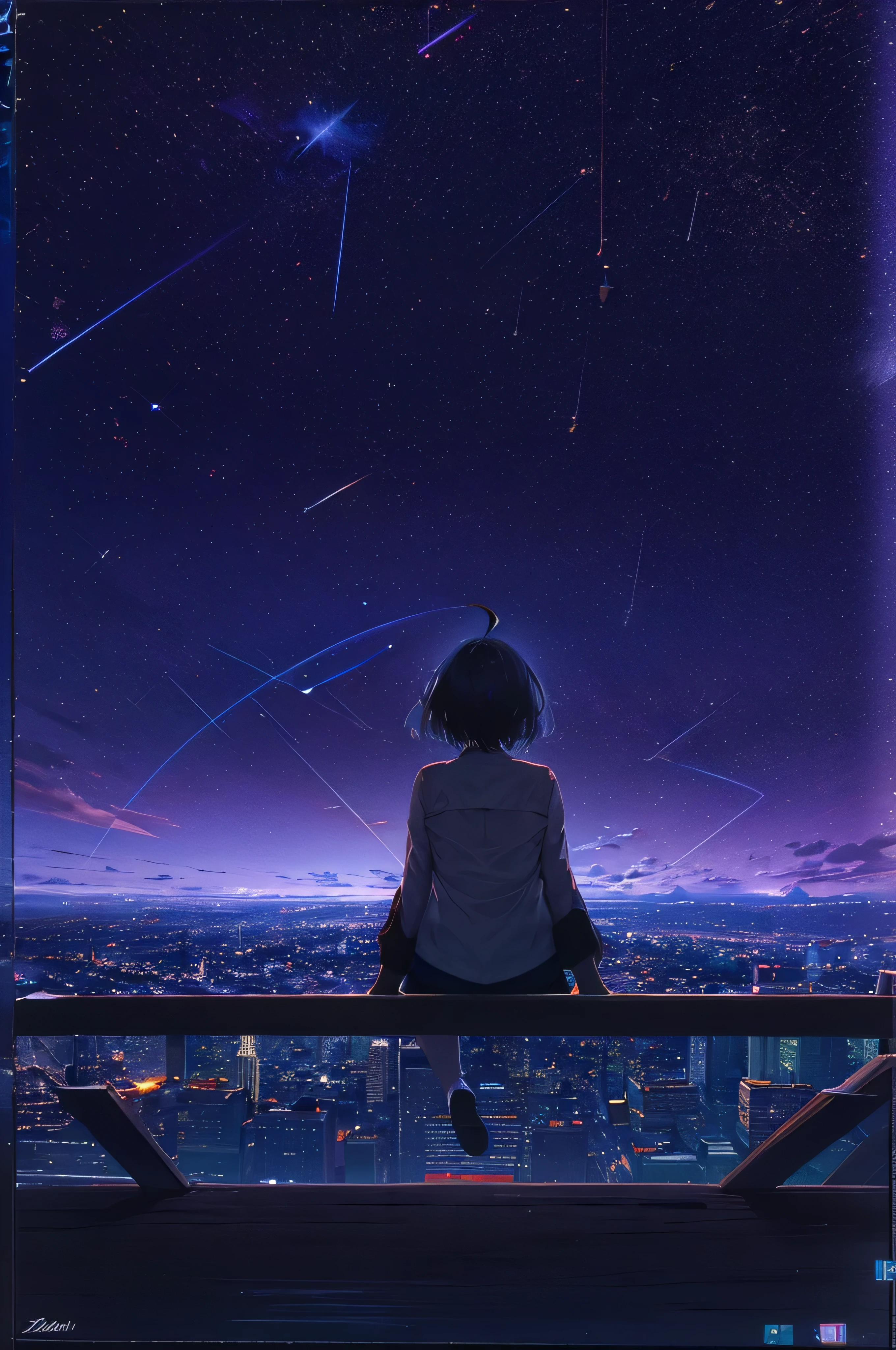 masterpiece,octane rating, null, star (null), scenery, starnull, night, 1 girl,black hair,short hair,Ahoge, night null, alone, outdoors, building, cloud, milky way, sitting, long hair, city, silhouette, cityscape