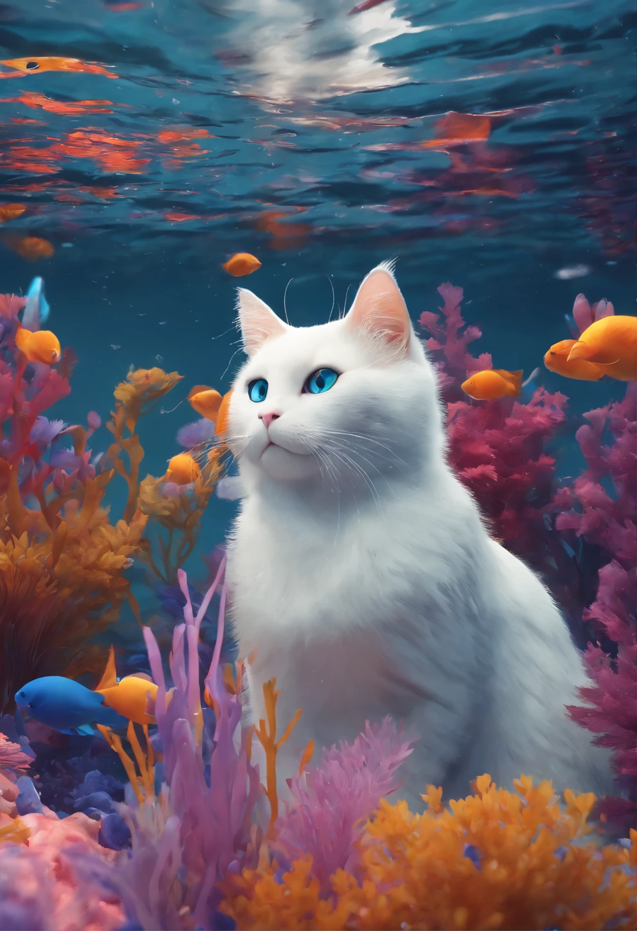 Imagine a surreal underwater scene where a group of sleek white and black cats gracefully swim beneath the surface. Set against a backdrop of shifting aquatic hues, capture the elegance and fluidity of their movements as they navigate the depths with surprising ease. Highlight the contrast between the cats' fur colors against the watery environment, creating a visually striking image that sparks the imagination.