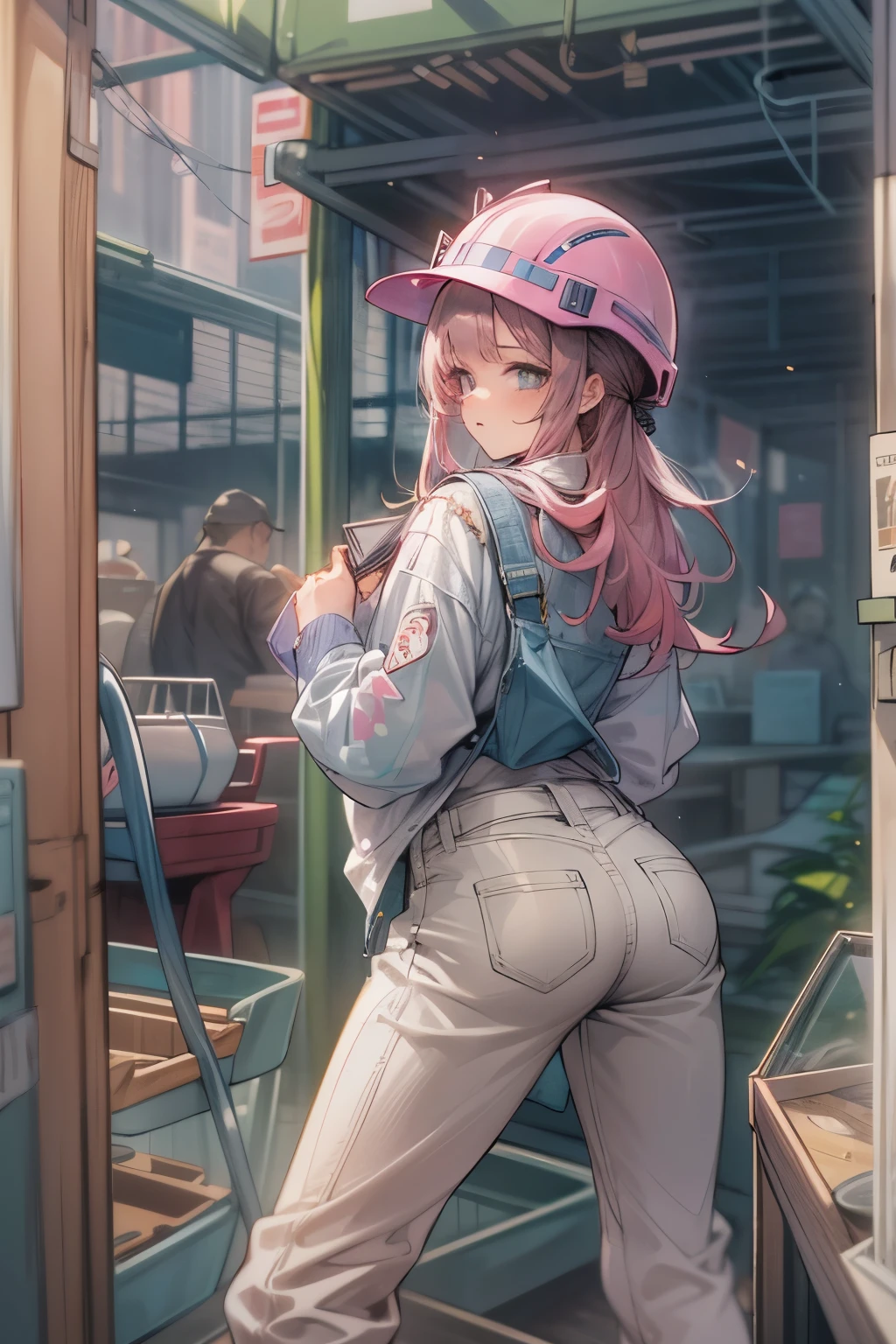 Female 25 years old,Front facing、jeans作業服 つやのある肌、I enjoy my work、 fine fabric texture, jeans、long sleeve shirt、pink helmet,Construction site、Rear show window、return、looking at camera、
