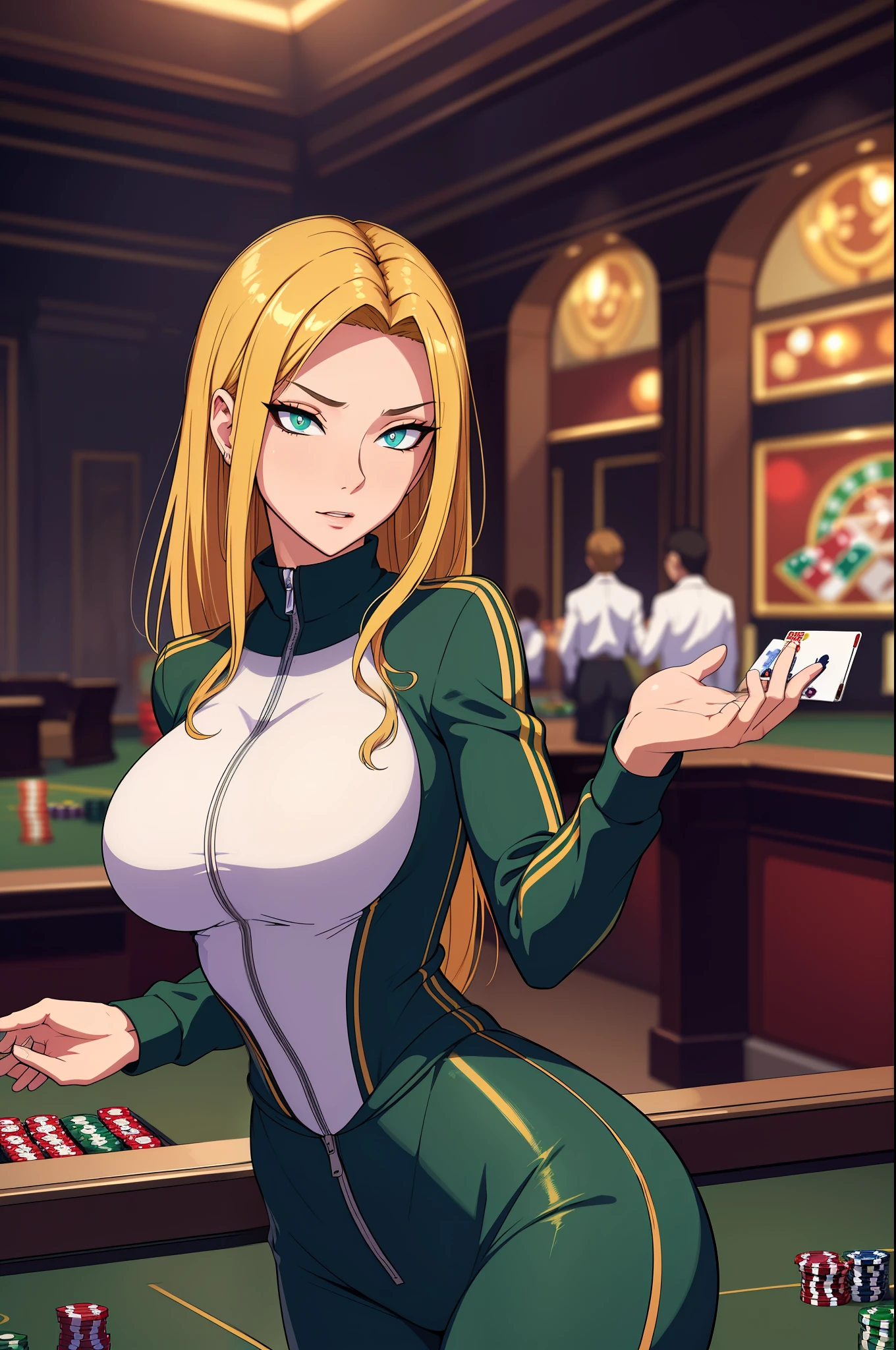 (masterpiece, highres, best quality:1.2), 8K, highly detailed, intricate, colorful, vibrant image, sharp focus, cinematic)  blonde hair, long hair, green eyes(Wearing track suit) (big perfect round breasts,hourglass body, thin waist,very thin waist, Photo realistic,(hyperrealistic:1)beautiful, masterpiece, best quality, extremely detailed face,perfect face,beautiful face, perfect lighting,detailed eye makeup, detail face, nice detailed eyes,nice hands, perfect hands,glowing eyes (realistic pupils,realistic iris:1) heavy eye makeup,(empty Casino)(Posing dynamically)