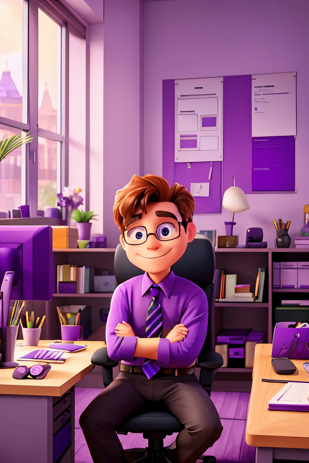 A vibrant office space filled with purple accents, windows, and sitting and smiling male employee who loves purple.
