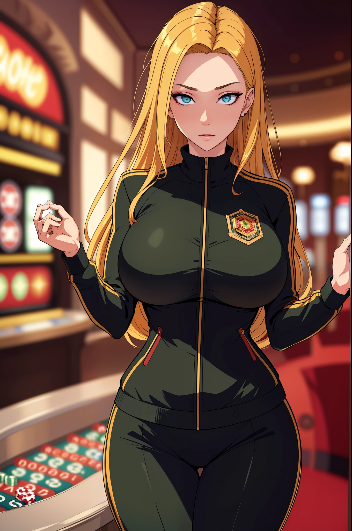 (masterpiece, highres, best quality:1.2), 8K, highly detailed, intricate, colorful, vibrant image, sharp focus, cinematic) blonde hair, long hair, green eyes(Wearing track suit) (big perfect round breasts,hourglass body, thin waist,very thin waist, Photo realistic,(hyperrealistic:1)beautiful, masterpiece, best quality, extremely detailed face,perfect face,beautiful face, perfect lighting,detailed eye makeup, detail face, nice detailed eyes,nice hands, perfect hands,glowing eyes (realistic pupils,realistic iris:1) heavy eye makeup,(empty Casino)(Posing dynamically)