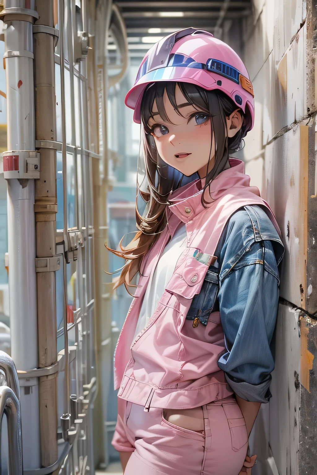Female 25 years old,positive、jeans作業服 つやのある肌、I enjoy my work、 fine fabric texture, jeans、long sleeve shirt、pink helmet,Construction site、Rear show window、return、looking at camera、