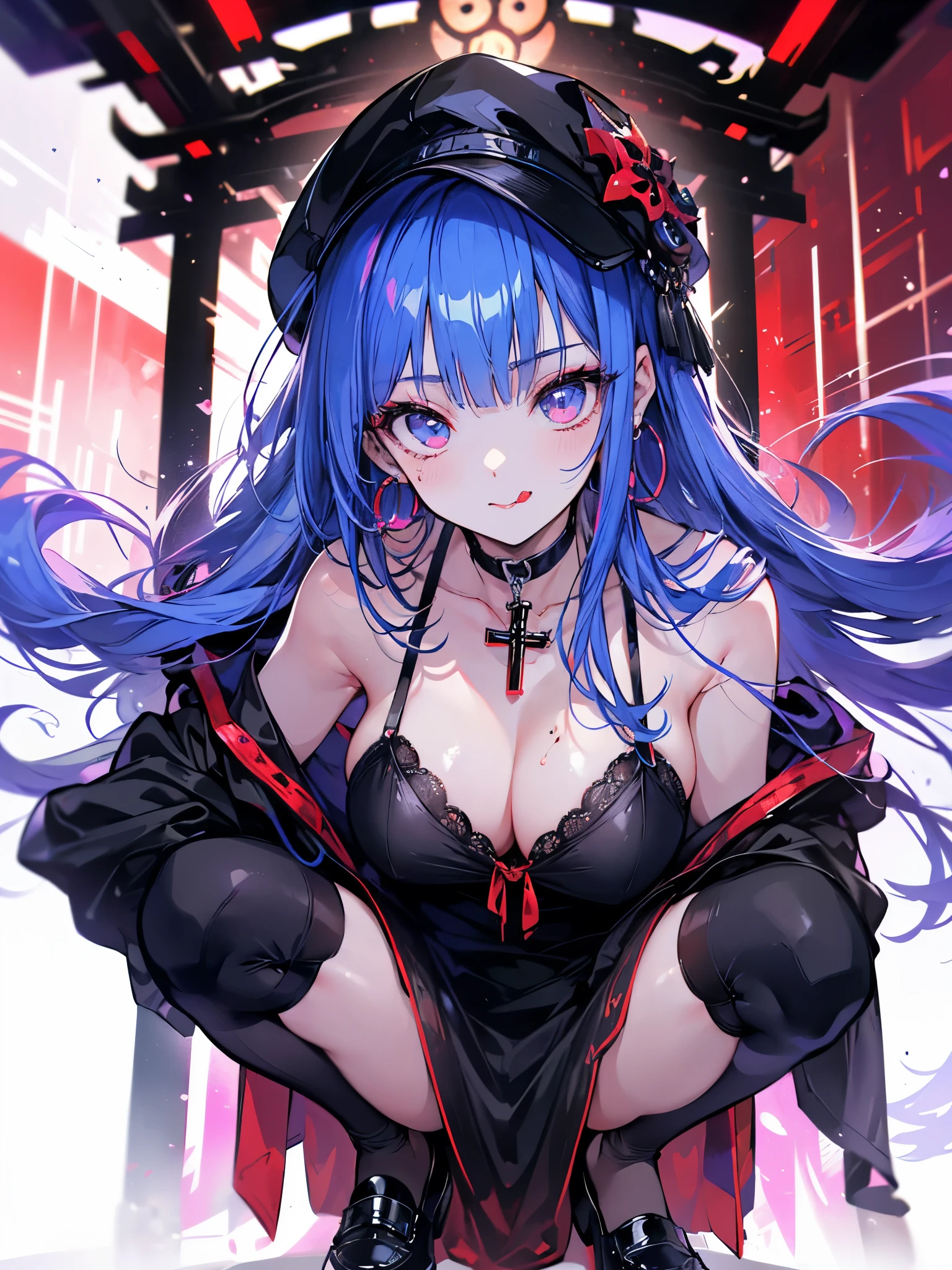midjourney,(((Super detailed, 8K quality))),,hair above one eye, red eyes, clear eyes, choker, open jacket,anime style, Movie Portrait Photography, 1 female, 22 years ago,椅子にsit、cross your legs、blue eye background, big and full breasts, anger, (scarlet hair), long hair, purple eyes, wearing a short black dress, (natural skin texture vivid details, surreal, (realistic detailed eyes, natural skin texture, realistic facial details), Depth of written boundary, Bokeh, vivid details, surreal, 35mm movie, hazy blur, ,lipstick, ear piercing, eye shadow, hoop earrings, red pink lips, 多色のred eyes, purple theme,Wear an iridescent aura,beautiful eyes,stand in front of the red gate、tongue out,hanging bangs,sit,sunglasses、White and purple are the main colors,((squat)),leaning forward,stockings、open your legs,leather shoes