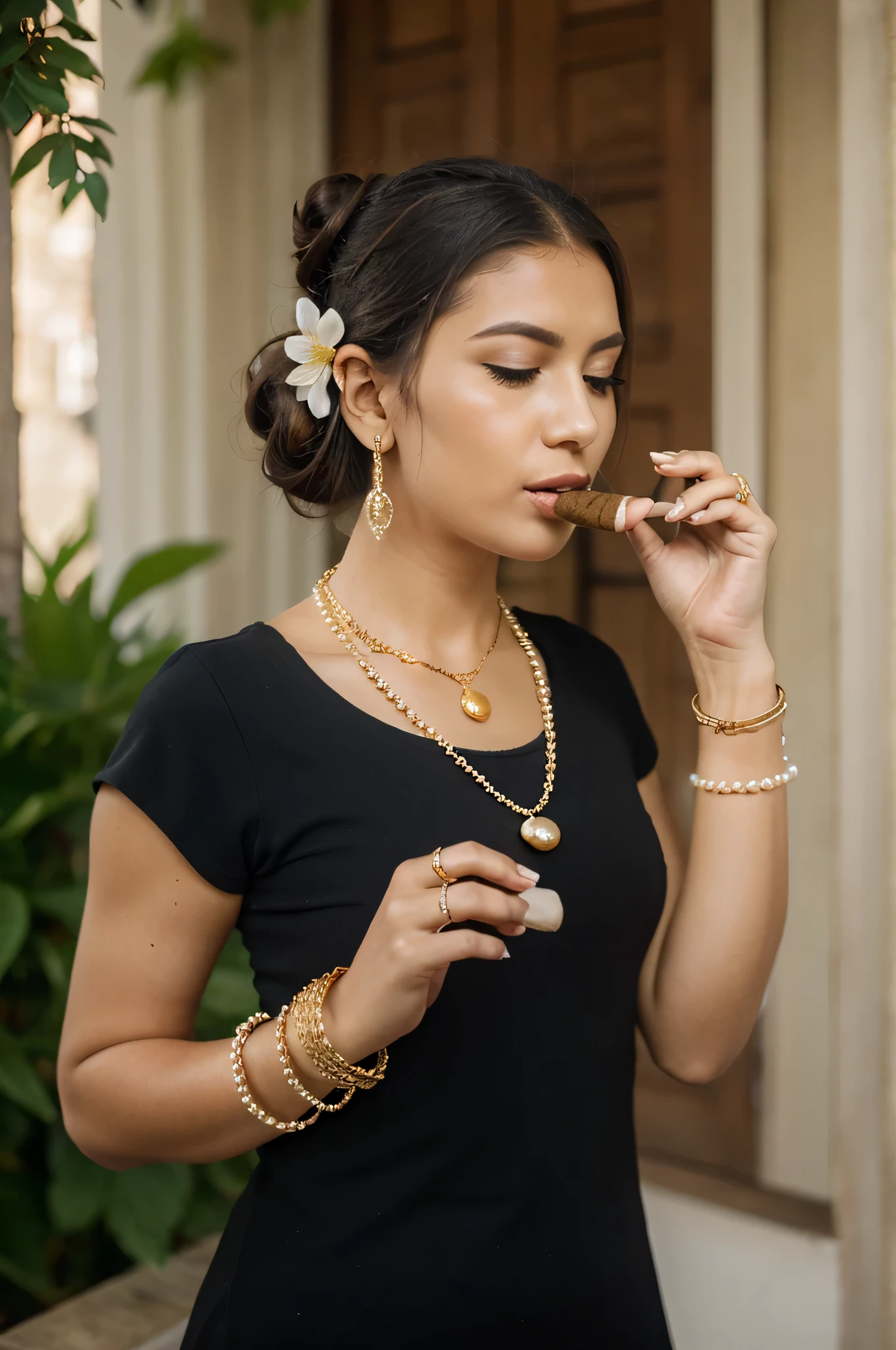 pearl necklaces and gold bracelets, black single bun hair with flower, holding a cheroot cigar