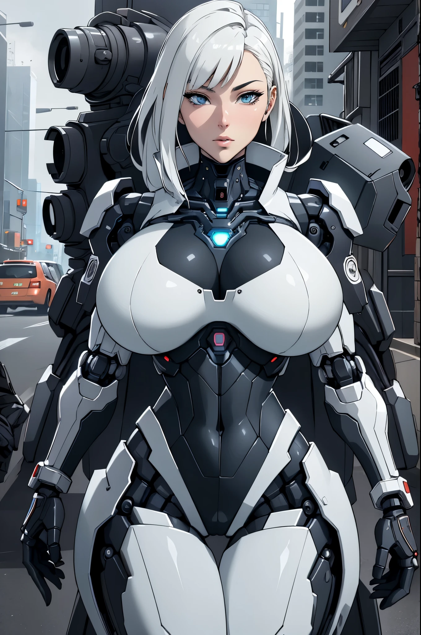 Dark_Fantasy,Cyberpunk, (Best Quality, masutepiece),white,1woman,(huge breasts:1.3),Mechanical Marvel,Robotic presence,Cybernetic Guardian,wearing a cybernetic jacket,city, highest quality digital art, stunning art, Wallpaper 4k, Highly detailed, Military Robots,army, Warzone,Black and white, highest quality digital art, stunning art, Wallpaper 4k,8K,64k uhd, hard disk, unparalleled masterpiece ever, Dynamic lighting, Cinematic, epicd, Damaged mechanical components