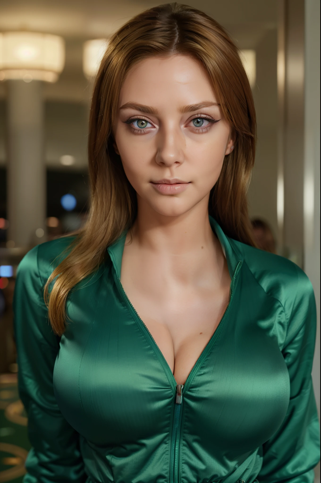 (masterpiece, highres, best quality:1.2), 8K, highly detailed, intricate, colorful, vibrant image, sharp focus, cinematic)  blonde hair, long hair, green eyes(Wearing track suit) (big perfect round breasts,hourglass body, thin waist,very thin waist, Photo realistic,(hyperrealistic:1)beautiful, masterpiece, best quality, extremely detailed face,perfect face,beautiful face, perfect lighting,detailed eye makeup, detail face, nice detailed eyes,nice hands, perfect hands,glowing eyes (realistic pupils,realistic iris:1) heavy eye makeup,(empty Casino)(Posing dynamically)