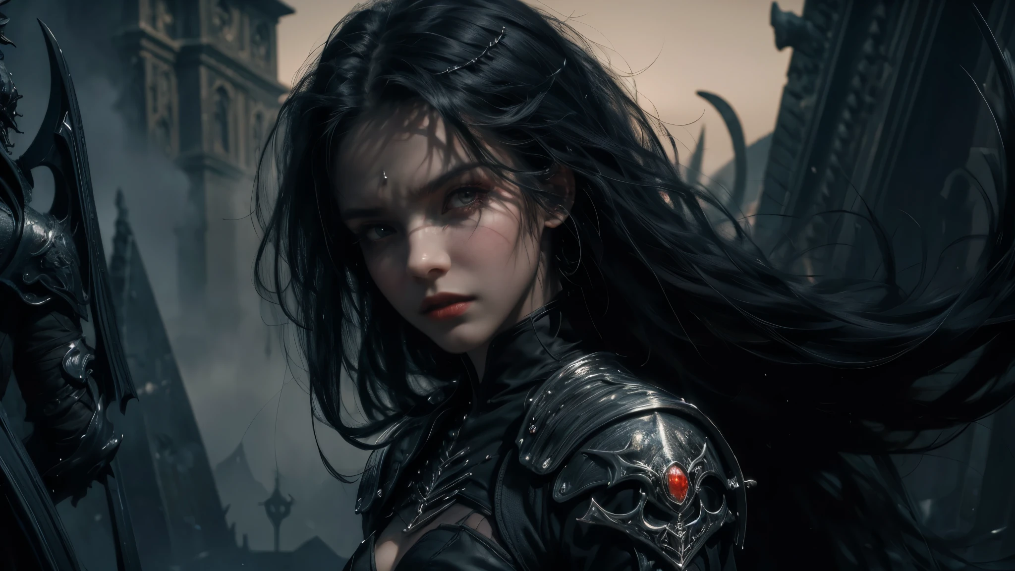 Woman, in black Gothic medieval armor. --auto --s2