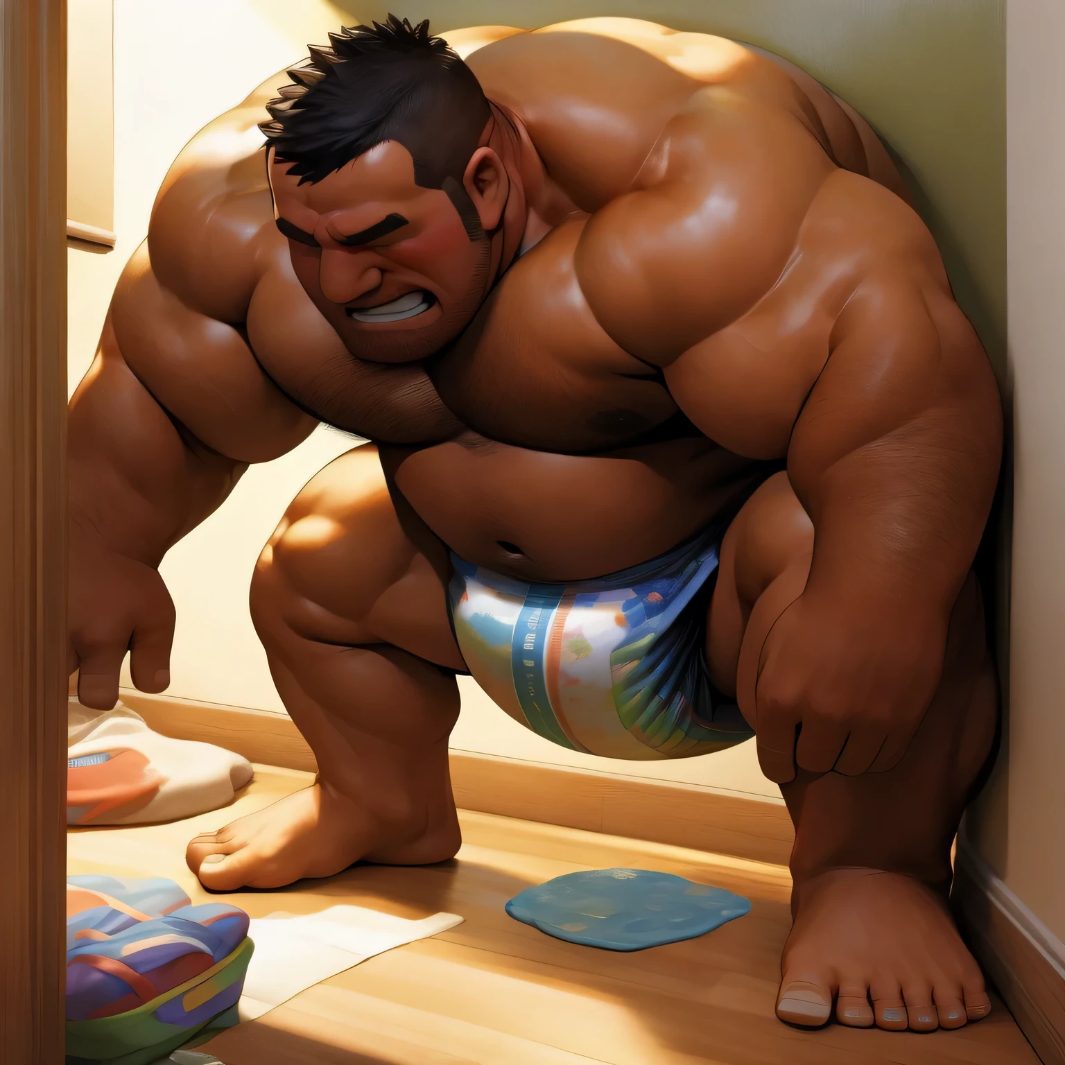 masterpiece, highest quality, At 32K, perfect fingers, very detailed, photo-realistic, the fat man is a cruel prisoner, retarded, hairy, human, the 50s, (obesity: 1.0), fatty muscle, bowl leg, disappointment, I was incontinent, the 50s, Children check diapers, There is a small puddle under him, I was incontinent, naked, short legs, bowl leg, spread your legs, wear white cloth diapers, white diaper without pattern, pampers, nakedのお腹, naked足, naked足, nakedの靴底, 上半身naked, wide forehead and short thin hair, A man with a big face and stubble, naked足, nakedの靴底, shy, sob, Drool, round face, I enter a nursery school, but the children look down on me., he is made to stand in the corner of the playground, he was surrounded by children, naked足, big ass, white diaper, sob, There is a small puddle under him, sob,