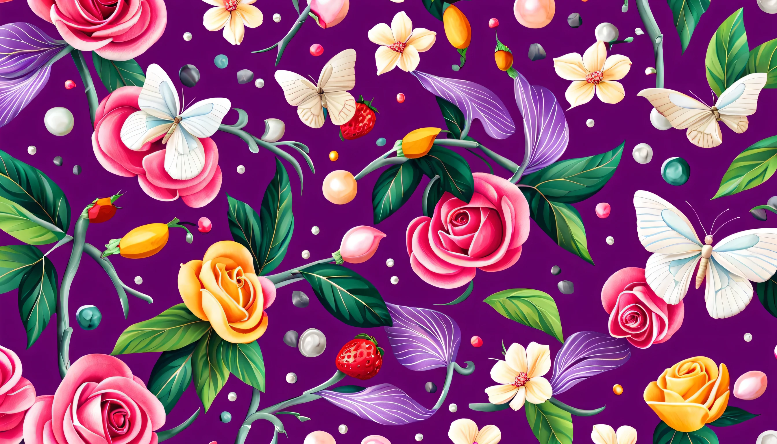 Seas of freshness with the PATTERN in the (PURPLE BACKGROUND)— ocean breeze, sun-bleached driftwood, and a touch of salty sea air. colorful pearls, jewels, ((butterfly)), ((WHITE PEARL)), (strawberry), pink rose || (embroidery) seamless pattern, fruit, butterfly, Best quality, masterpiece, ultra high res, (photo realistic:1.4), surrealism, dream-like, ((abstract art)), vector arts, ((ROSE FLOWER)) a close up of a floral pattern on (PURPLE BACKGROUND), floral wallpaper, ornate floral, floral pattern, floral explosion, floral! intricate, floral flowers colorful, chinoiserie pattern, flowery wallpaper, floral renewal, with colorful flowers and plants, floral dream, garden flowers pattern, floral patterned skin, floral design, floral motives, boho floral vines IN (PURPLE BACKGROUND)