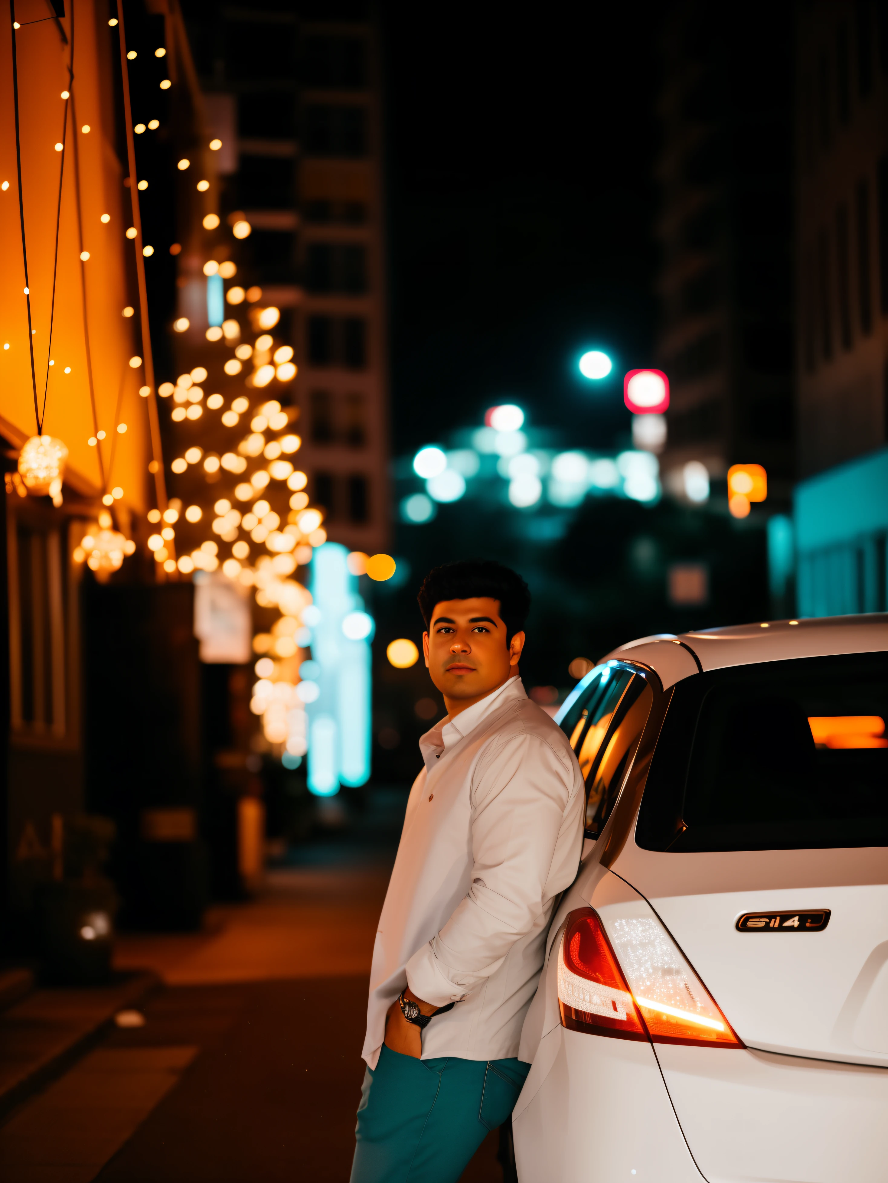 arafed man standing next to a parked car in a city at night, in city street at night, shot on sony a 7, bokeh in the background only, bokeh top cinematic lighting, shot on nikon z9, at night time, on a street at night, photo taken with sony a7r, shot on sony a 7 iii, candid picture