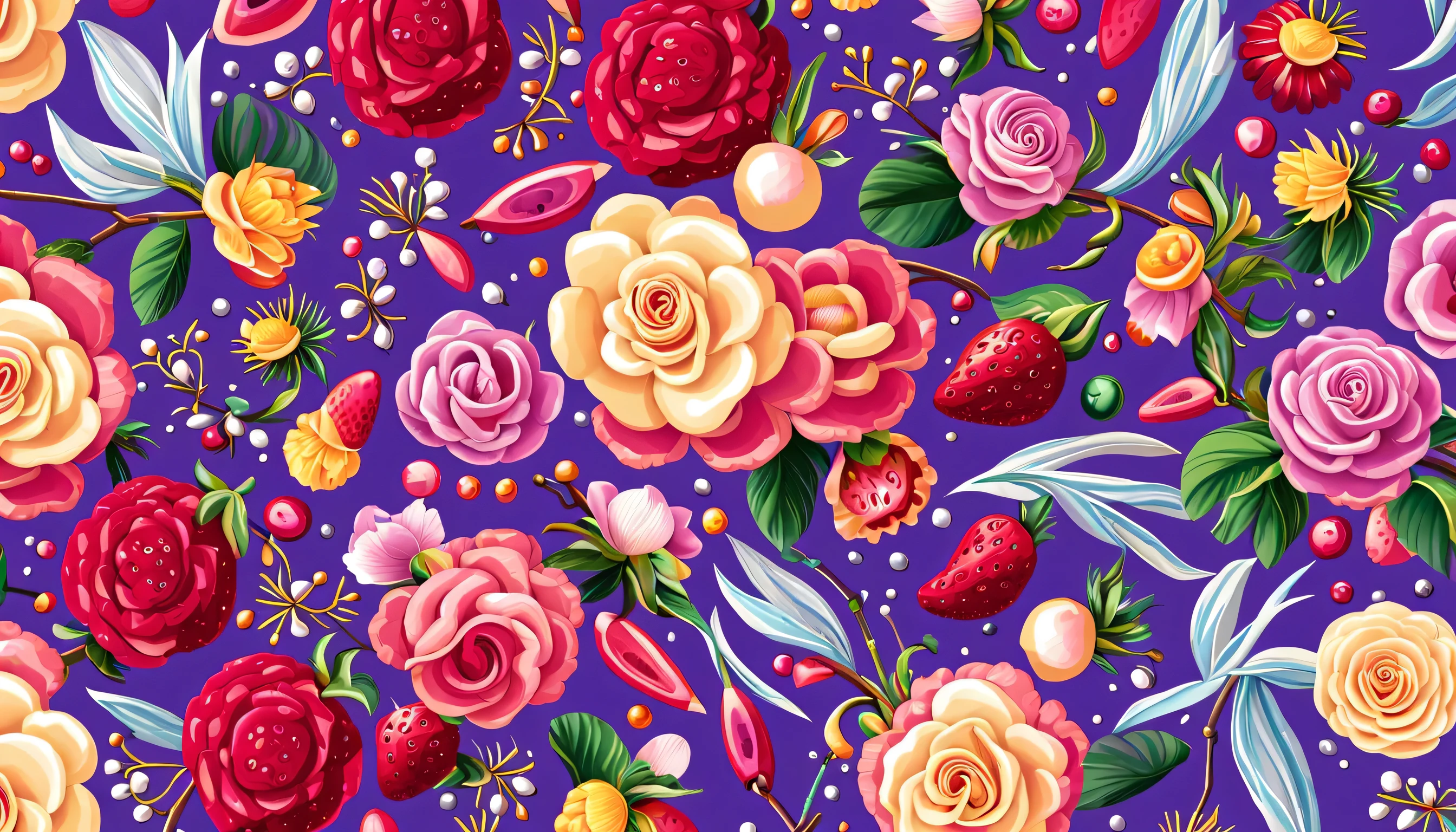 Seas of freshness with the FIREWORK in the (PURPLE BACKGROUND)— ocean breeze, sun-bleached driftwood, and a touch of salty sea air. colorful pearls, jewels, ((butterfly)), ((WHITE PEARL)), (strawberry), pink rose || (embroidery) seamless pattern, fruit, butterfly, Best quality, masterpiece, ultra high res, (photo realistic:1.4), surrealism, dream-like, ((abstract art)), vector arts, ((ROSE FLOWER)) a close up of a floral pattern on (PURPLE BACKGROUND), floral wallpaper, ornate floral, floral pattern, floral explosion, floral! intricate, floral flowers colorful, chinoiserie pattern, flowery wallpaper, floral renewal, with colorful flowers and plants, floral dream, garden flowers pattern, floral patterned skin, floral design, floral motives, boho floral vines IN (PURPLE BACKGROUND)