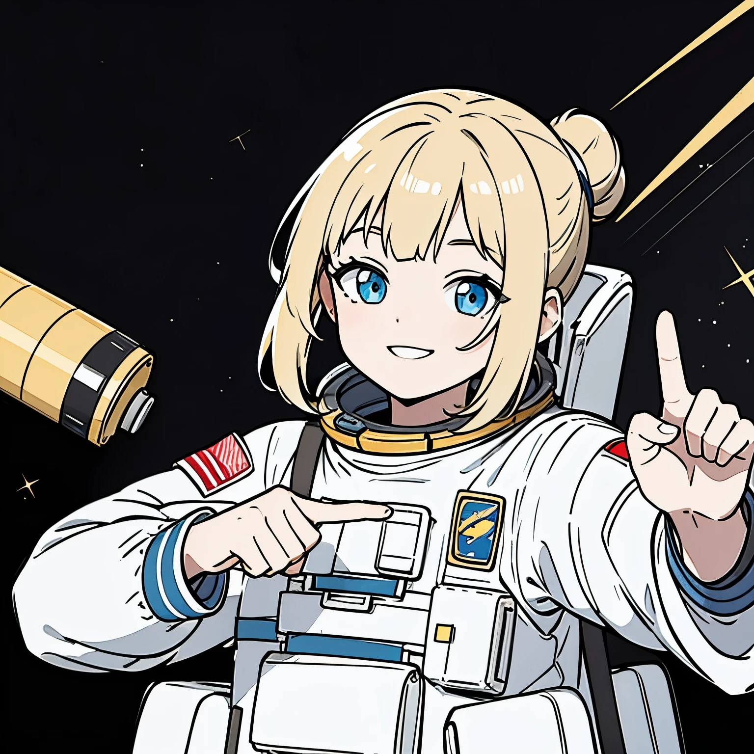 astronaut、22 years old、clumsy person、cute、class、blackboard、smile、holding up a finger