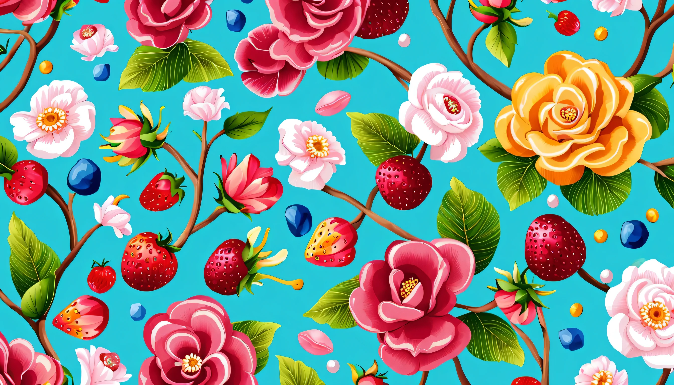 Seas of freshness with the Ocean tropical PATTERN in the (BLUE BACKGROUND)— ocean breeze, sun-bleached driftwood, and a touch of salty sea air. colorful pearls, jewels, ((butterfly)), ((WHITE PEARL)), (strawberry), pink rose || (embroidery) seamless pattern, fruit, butterfly, Best quality, masterpiece, ultra high res, (photo realistic:1.4), surrealism, dream-like, ((abstract art)), vector arts, ((SAKURA FLOWER)) a close up of a floral pattern on (BLUE BACKGROUND), floral wallpaper, ornate floral, floral pattern, floral explosion, floral! intricate, floral flowers colorful, chinoiserie pattern, flowery wallpaper, floral renewal, with colorful flowers and plants, floral dream, garden flowers pattern, floral patterned skin, floral design, floral motives, boho floral vines IN (BLUE BACKGROUND)