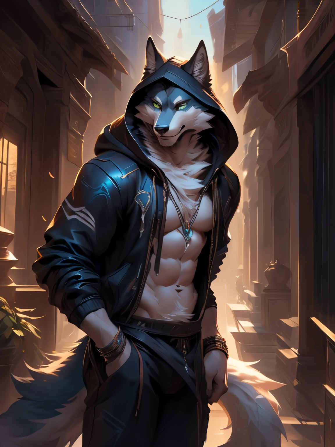 4k, high resolution, best quality, perfect colors, perfect shadows, perfect lighting, posted on e621, (by Chunie), male, furry, Wolf anthro, solo, white fur, Green eyes, (Realistic eye details 1.3), Streetwear Hoodie wear, Full body like, abs, Masterpiece, dramatic lighting, soft lighting, day, highly detail, Hair coiled, (Seductive look:1.2), fit body, perfect male figure, Detailed fur, Detailed face, Perfect face, (The stands up), Detailed background, ((Bonifasko lighting)), Wolf tail, (Detailed eyes), perfect pupils, detail eyes, detail fluffy fur, (seductive face:1.2), fit body,