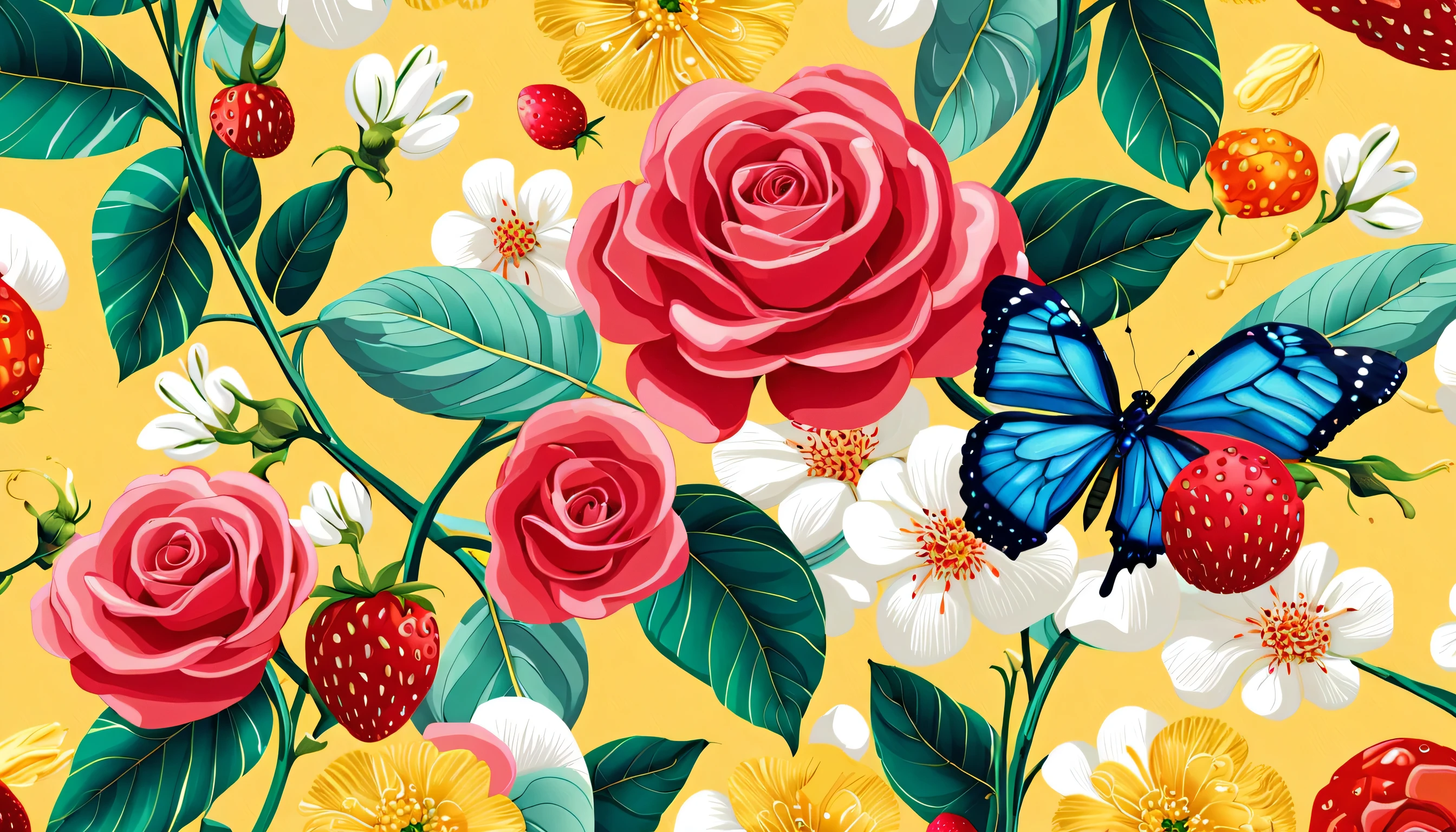 Seas of freshness with the Ocean tropical breeze in the YELLOW background— ocean breeze, sun-bleached driftwood, and a touch of salty sea air. colorful pearls, jewels, ((butterfly)), ((yellow small stars)), (strawberry), pink rose  || (embroidery) seamless pattern, fruit, butterfly, Best quality, masterpiece, ultra high res, (photo realistic:1.4), surrealism, dream-like, ((abstract art)), vector arts, ((SAKURA FLOWER)) a close up of a floral pattern on YELLOW background, floral wallpaper, ornate floral, floral pattern, floral explosion, floral! intricate, floral flowers colorful, chinoiserie pattern, flowery wallpaper, floral renewal, with colorful flowers and plants, floral dream, garden flowers pattern, floral patterned skin, floral design, floral motives, boho floral vines IN (((YELLOW BACKGROUND))