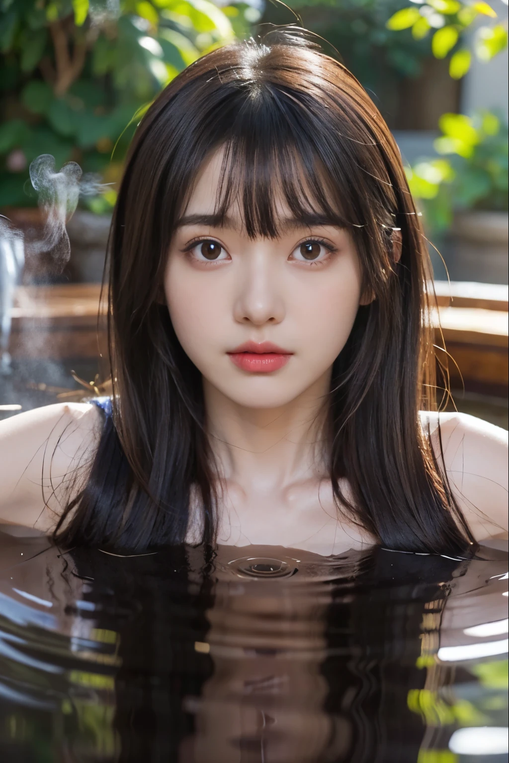 (Close up portrait of one naked girl with slender small breasts and twin-tailed hair:1.5)、(Naked cute girl in the onsen outside:1.5)、(Beautiful autumn foliage background:1.5)、(Perfect Anatomy:1.3)、(No mask:1.3)、(complete fingers:1.3)、Photorealistic、photography、mastepiece、top-quality、high resolution delicate and pretty、face perfect、Beautiful detailed eyes、Fair skin、Real Human Skin、pores、((thin legs))、(Dark hair)