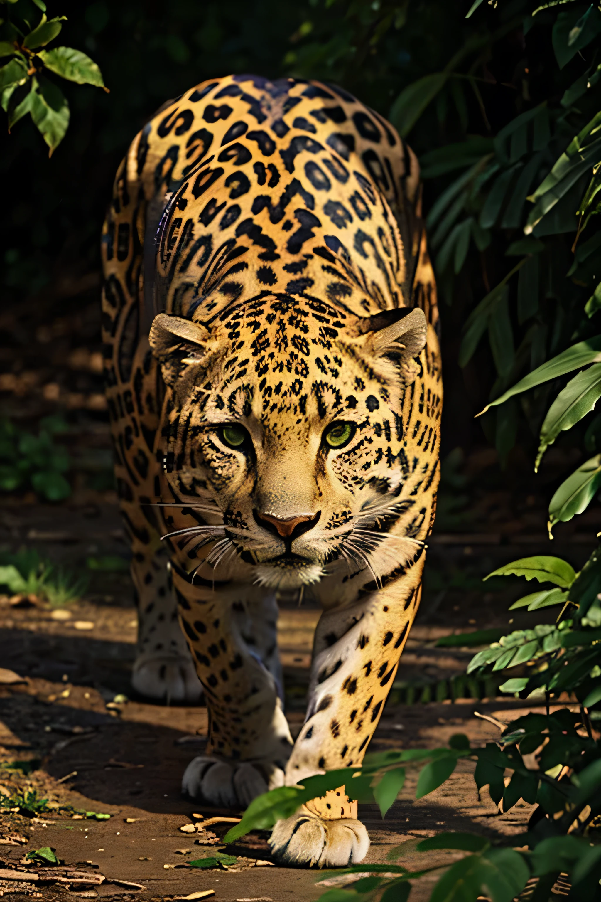 A green-eyed jaguar stalks its prey.