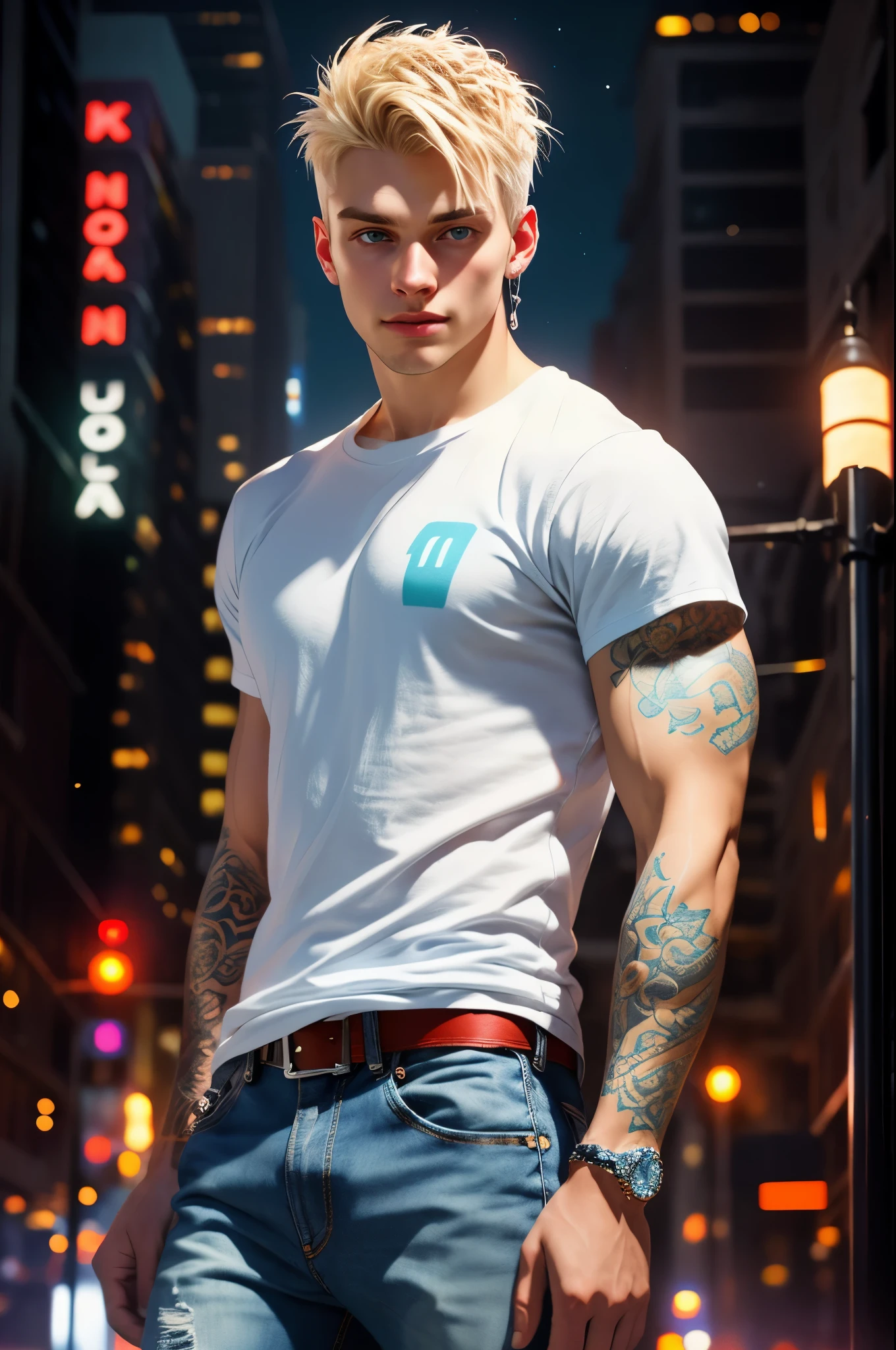 Outdoors, male, 25 years old, very muscular, white male, wearing blue jeans, wearing white t-shirt, wearing silver jewelry, green eyes, glowing blue tribal tattoos, holding a staff,  blonde hair, holding staff, urban environment, night, neon signs,  (city downtown at night), professional lighting, photon mapping, radiosity, complex 3d render ultra detailed, bokeh, raytracing, particle effects, depth of field
