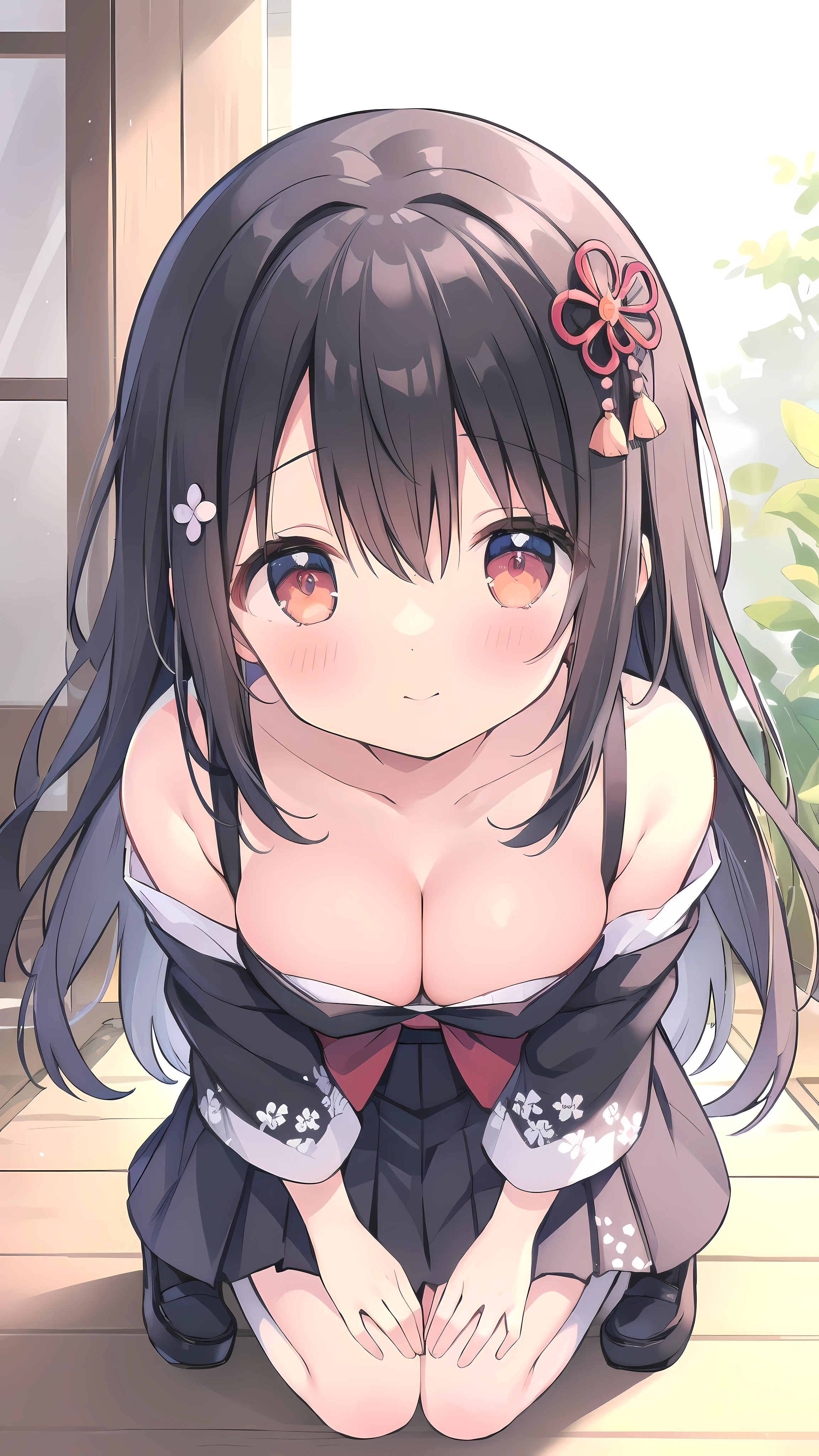 (small short figure girl, cute girl like a little sister aura:1.3), (leaning to viewer for a kiss:1.5), (detached sleeve, Married, Japanese bride, Wedding, wedding hakama skirt, yamato nadeshiko, 1girl, solo, outdoor, cute japanese model girl, very long hair, floral print, wedding hair ornament, wedding kimono, hakama, bangs, red rubby eyes, masterpiece, best quality, HD Pictures, 4K:1.2), gentle look, gentle smile, gentle eyes, mature looking, pinkish cheeks, very detailed eyes, very detailed pupils, very detailed hair, furisode, flower head accessories, from front pov, detailed face, full body, look up to viewer, close up to forehead, leaning forward to viewer, detailed long black hair, (deep cleavage, blushing red cheeks:1.4)