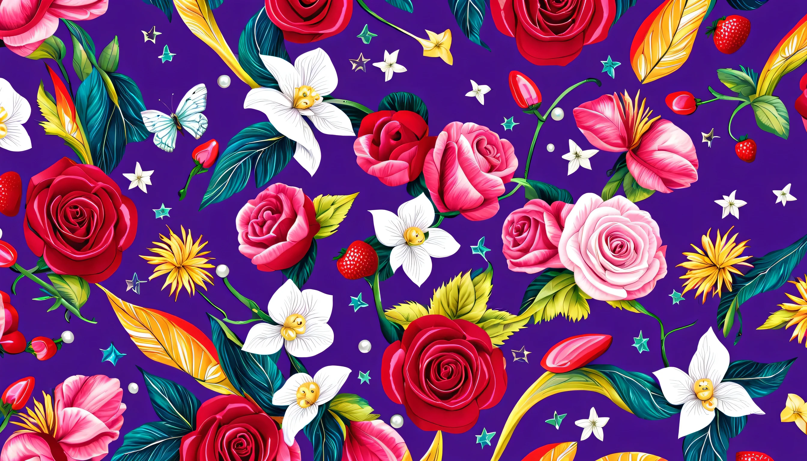 Seas of STARRY SKY with the FLOWER PATTERN in the (PURPLE BACKGROUND)— ocean breeze, sun-bleached driftwood, and a touch of salty sea air. ((small stars)) colorful tropical bird, flamingo, pearls, jewels, ((butterfly)), ((WHITE PEARL)), (strawberry), pink rose, cherry || (embroidery) seamless pattern, fruit, butterfly, Best quality, masterpiece, ultra high res, (photo realistic:1.4), surrealism, dream-like, ((abstract art)), vector arts, ((ROSE FLOWER)) a close up of a floral pattern on (PURPLE BACKGROUND), floral wallpaper, ornate floral, floral pattern, floral explosion, floral! intricate, floral flowers colorful, chinoiserie pattern, flowery wallpaper, floral renewal, with colorful flowers and plants, floral dream, garden flowers pattern, floral patterned skin, floral design, floral motives, boho floral vines IN (PURPLE BACKGROUND)