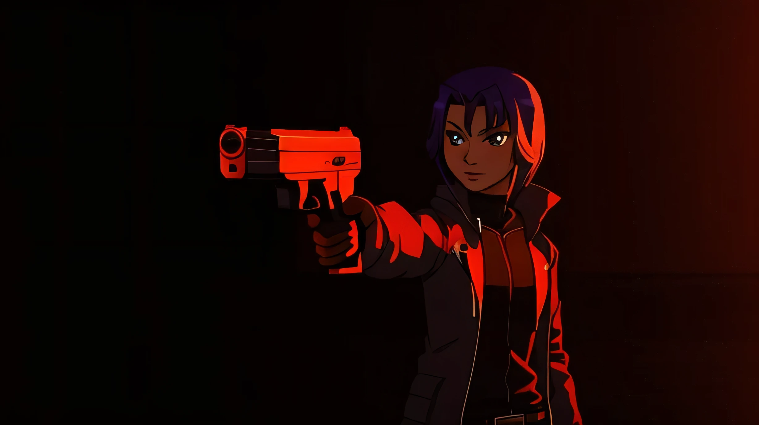 Raven standing in dark, with jacket, creepy, pointing gun