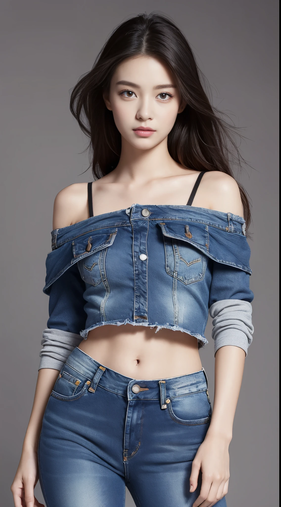 Super beautiful girl,big and bright eyes,loose fashion、(Damaged jeans worn below the waist, off shoulder top,)、high resolution、High resolution、realistic、realistic skin texture、model body shape