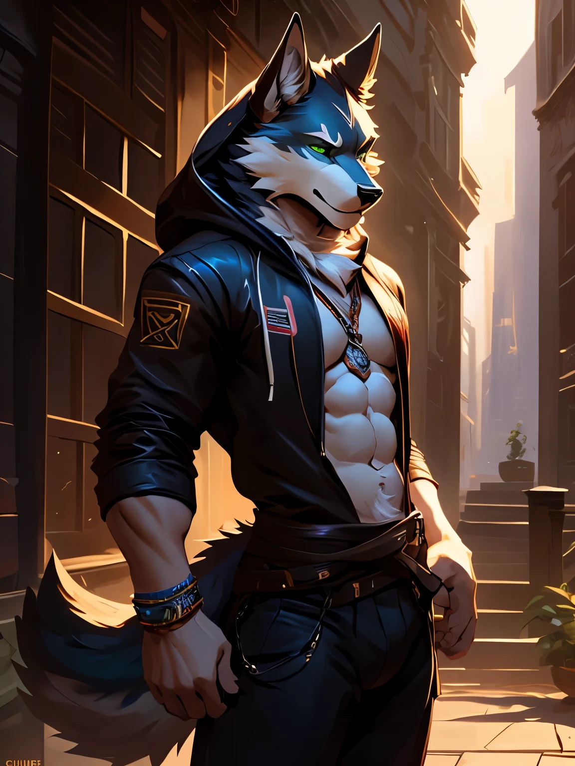 4k, high resolution, best quality, perfect colors, perfect shadows, perfect lighting, posted on e621, (by Chunie), male, furry, Wolf anthro, solo, white fur, Green eyes, (Realistic eye details 1.3), Streetwear Hoodie wear, Full body like, abs, V0id3nergy, Masterpiece, dramatic lighting, soft lighting, day, highly detail, Hair coiled, (Seductive look:1.2), fit body, perfect male figure, Detailed fur, Detailed face, Perfect face, (The stands up), Detailed background, ((Bonifasko lighting)), Wolf tail, (Detailed eyes), perfect pupils, detail eyes, detail fluffy fur, (seductive face:1.2), fit body, 