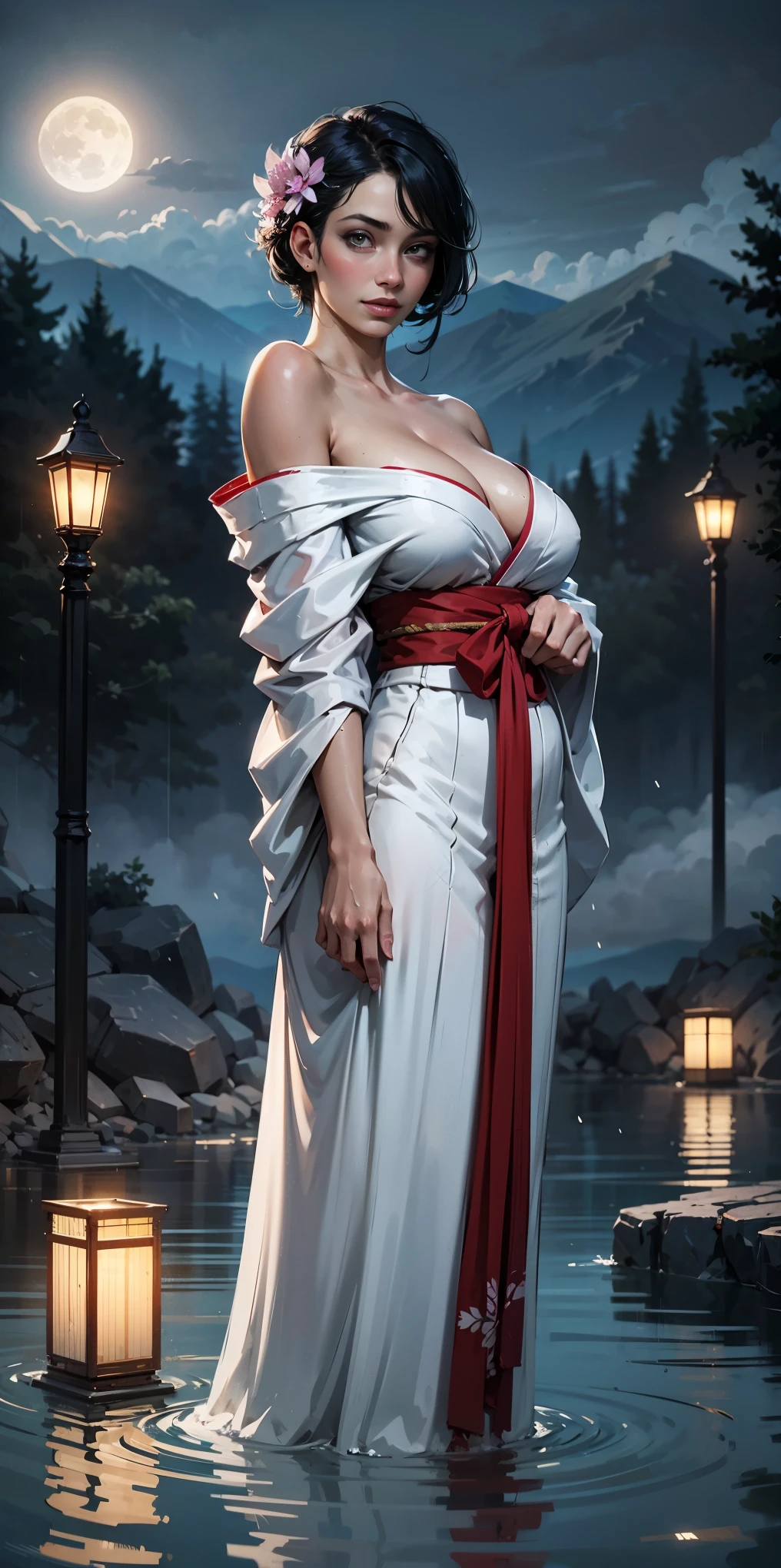 1girl solo big knockers breasts full body, lustful smirking smile face red blushed, moon, lantern, night, solo, large breasts, hair ornament, wet, kimono, japanese clothes, wading, water, hair flower, flower, outdoors, sky, full moon, rain, black hair, off shoulder, mountain, cloud, holding, sash, bare shoulders, paper lantern, standing, white kimono, night sky, sideboob, obi, wet clothes, bangs, tree, from side, reflection, short hair, cloudy sky, wet hair (((masterpiece),(extremely detailed CG unity 8k wallpaper), best quality, solo, cinematic lighting, detailed background, beautiful detailed eyes, bright pupils, (an extremely delicate and beautiful), (Beautiful and detailed eye description), ultra-detailed, masterpiece,))