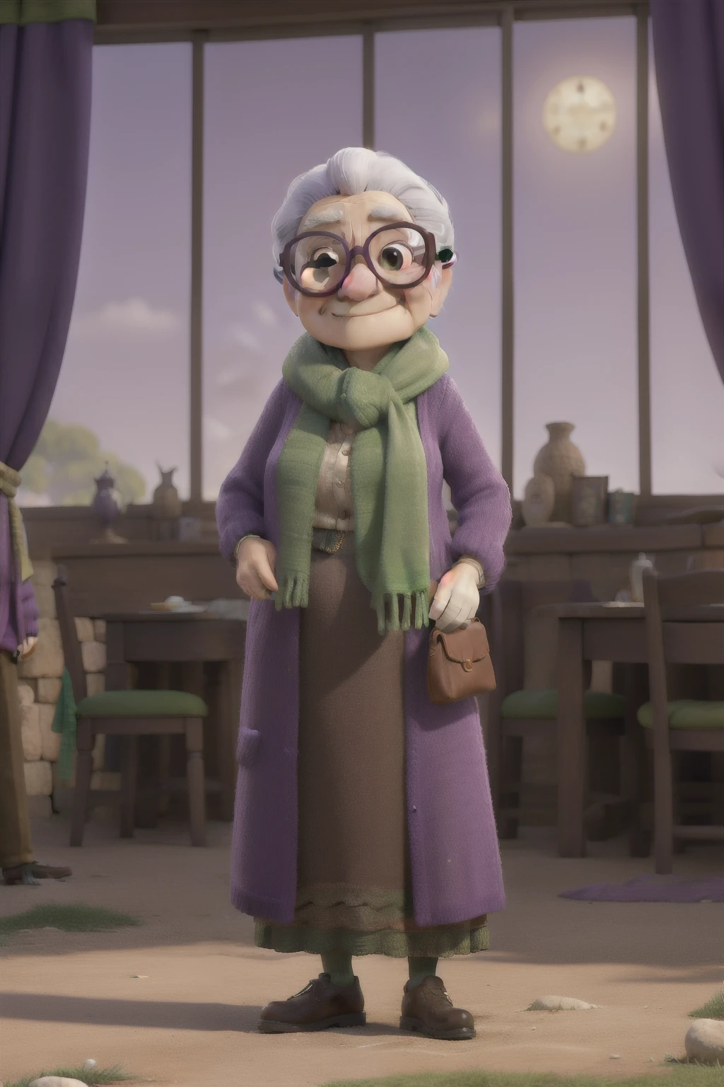 obra de arte, melhor qualidade, An old woman with glasses and a scarf, wearing a purple coat and green scarf, parado no parque