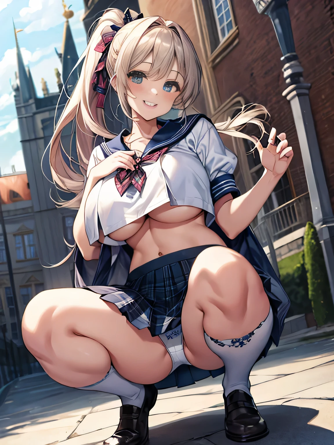 highest quality、High resolution、detailed background、beautiful and detailed face、beautiful and smooth skin、skin texture、professional lighting、Beautiful girl、((three women))、(huge breasts:1.1)、underboob、panty shot、white panties、Touch my chest playfully、
sexy sailor suit、Pleated mini skirt with tartan plaid pattern、cute hairstyle、side ponytail、knee high socks、panty shot、camel toe、squat down、
ribbon or barrettes、Things with patterns and embroidery are cute..、smile、laughter、smile、sexual expression、school trip、Pose against a backdrop of buildings and landscapes、Buckingham Palace、Paraty Nail New Palace、castle of versailles